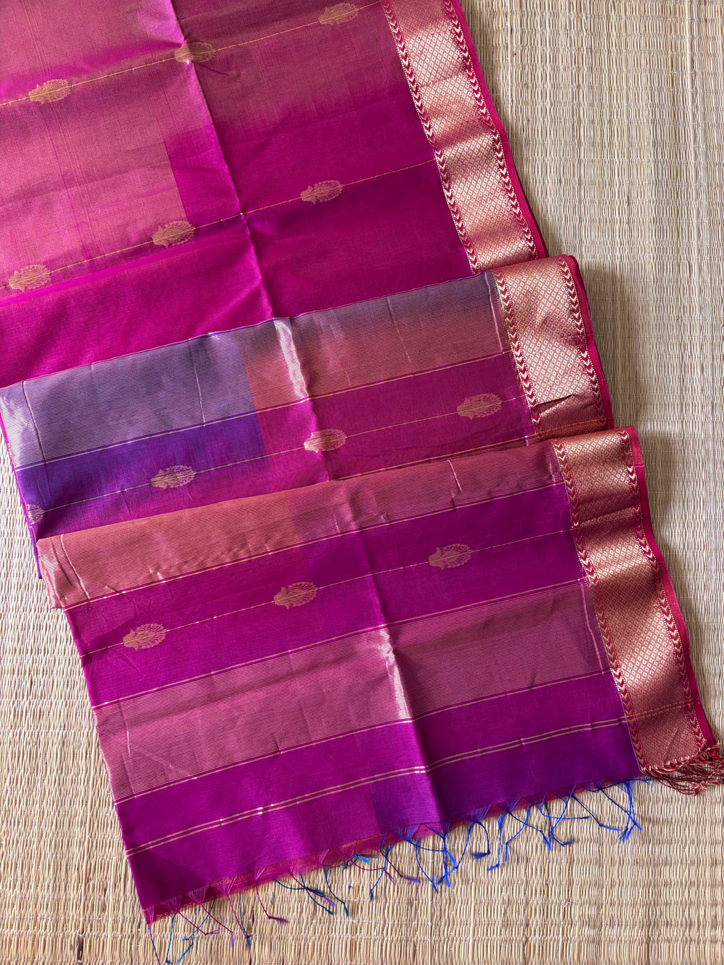 Reshami Pink Shaded Maheshwari Handwoven Saree with Gold Butti