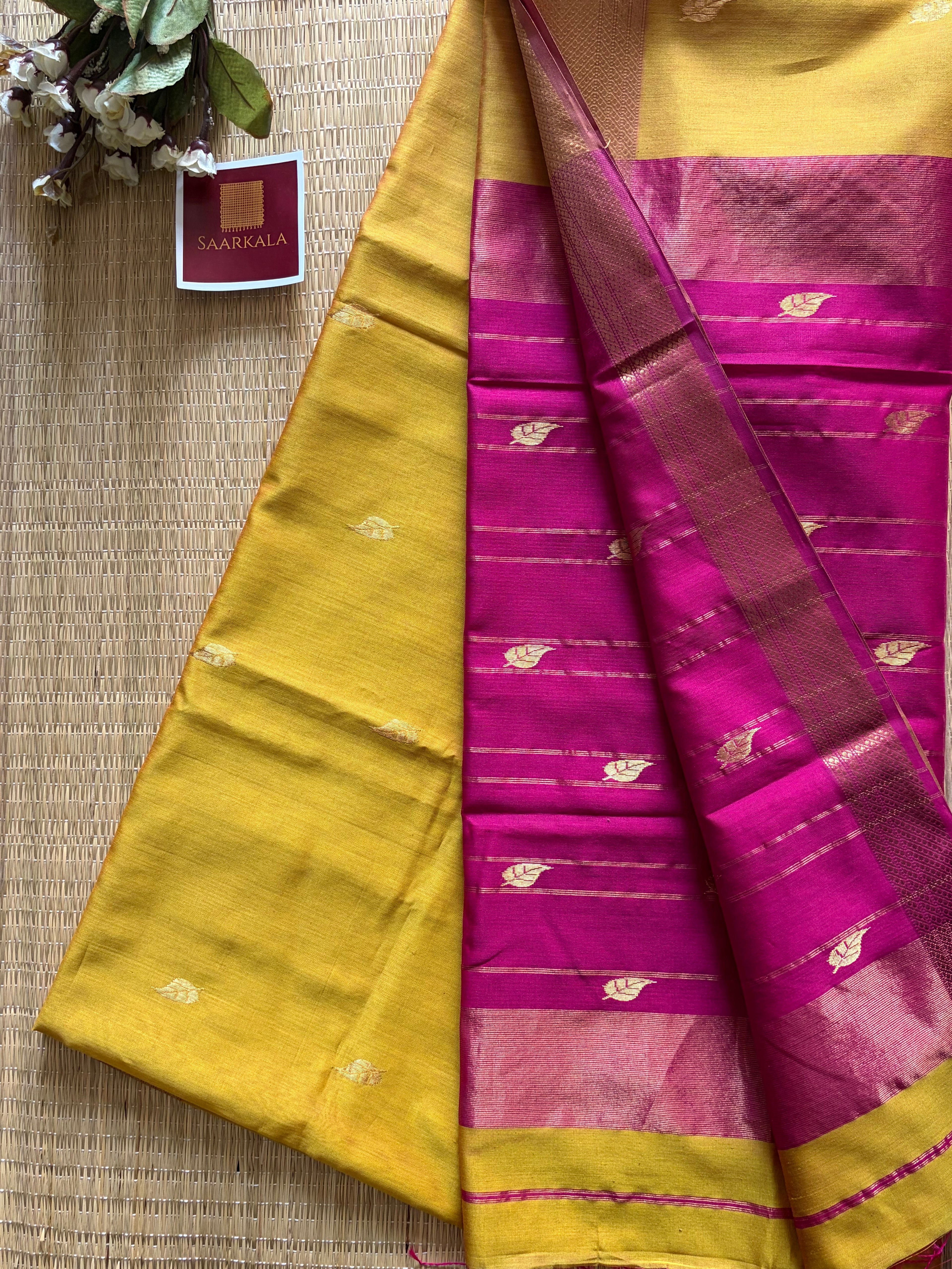 Patti Mustard Gold Yellow Maheshwari silk and cotton Saree