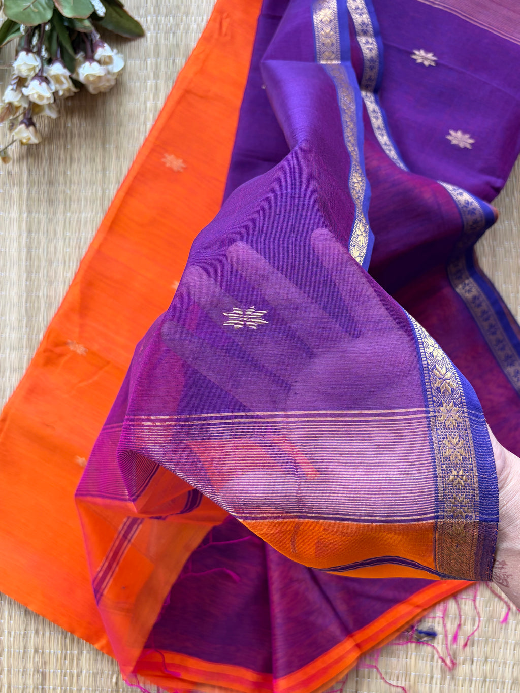 Chameli Orange Purple Maheshwari Handloom Saree