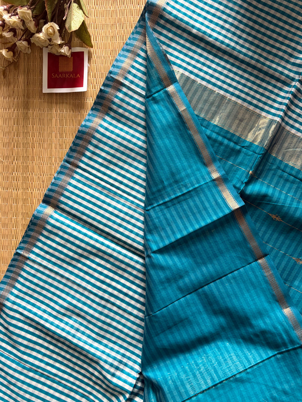 Gingham Rama Blue Maheshwari Handloom Saree