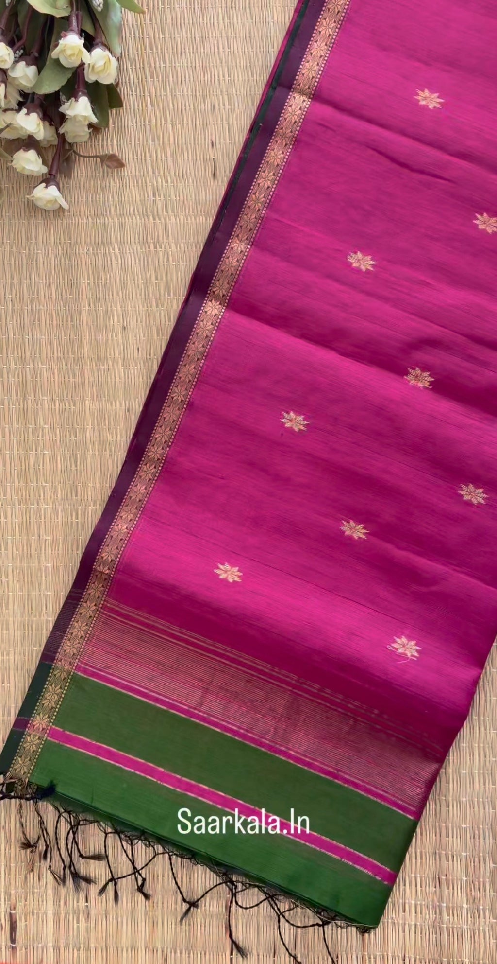 Green Pink Chameli Maheshwari Handloom Silk Cotton Saree