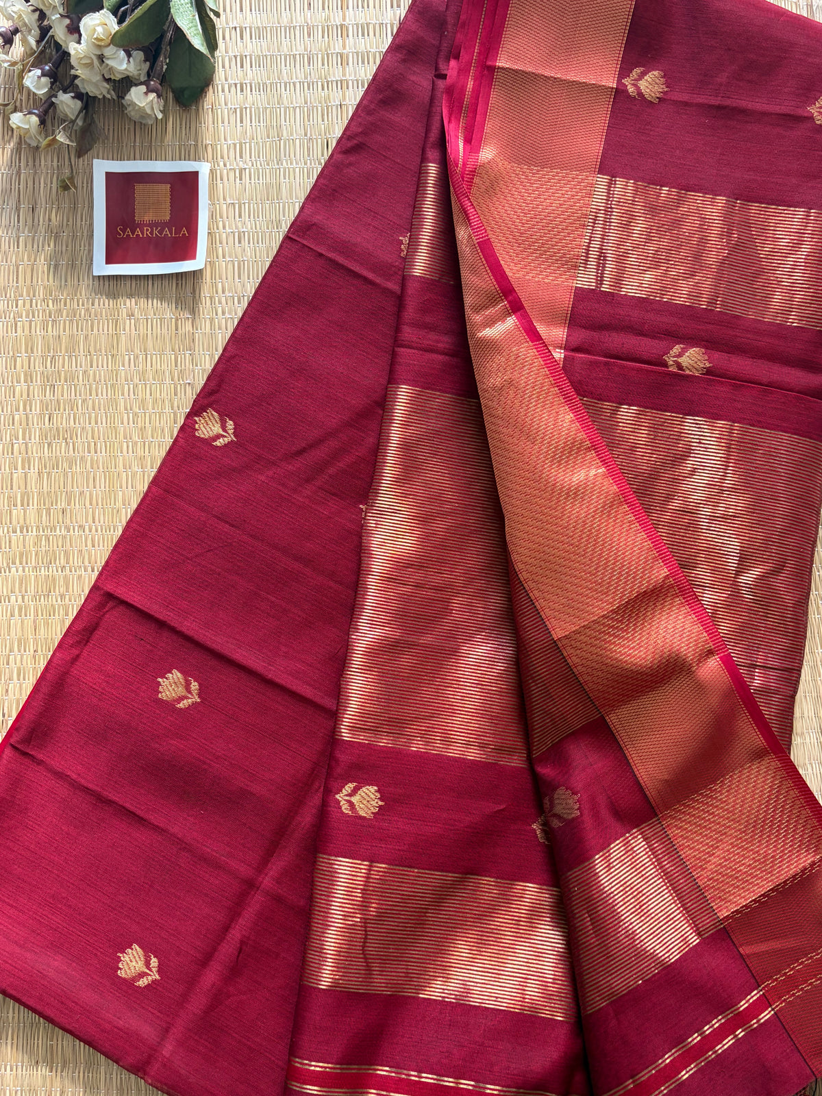 Lotus Maroon Red Maheshwari Handloom Saree with Gold Border
