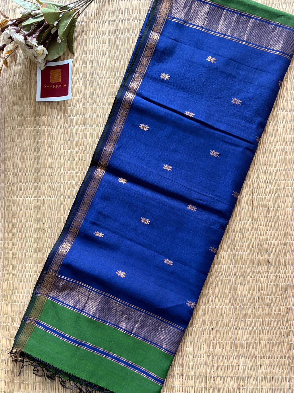 Savan Green & Blue Chameli Maheshwari Handloom Silk Cotton Saree