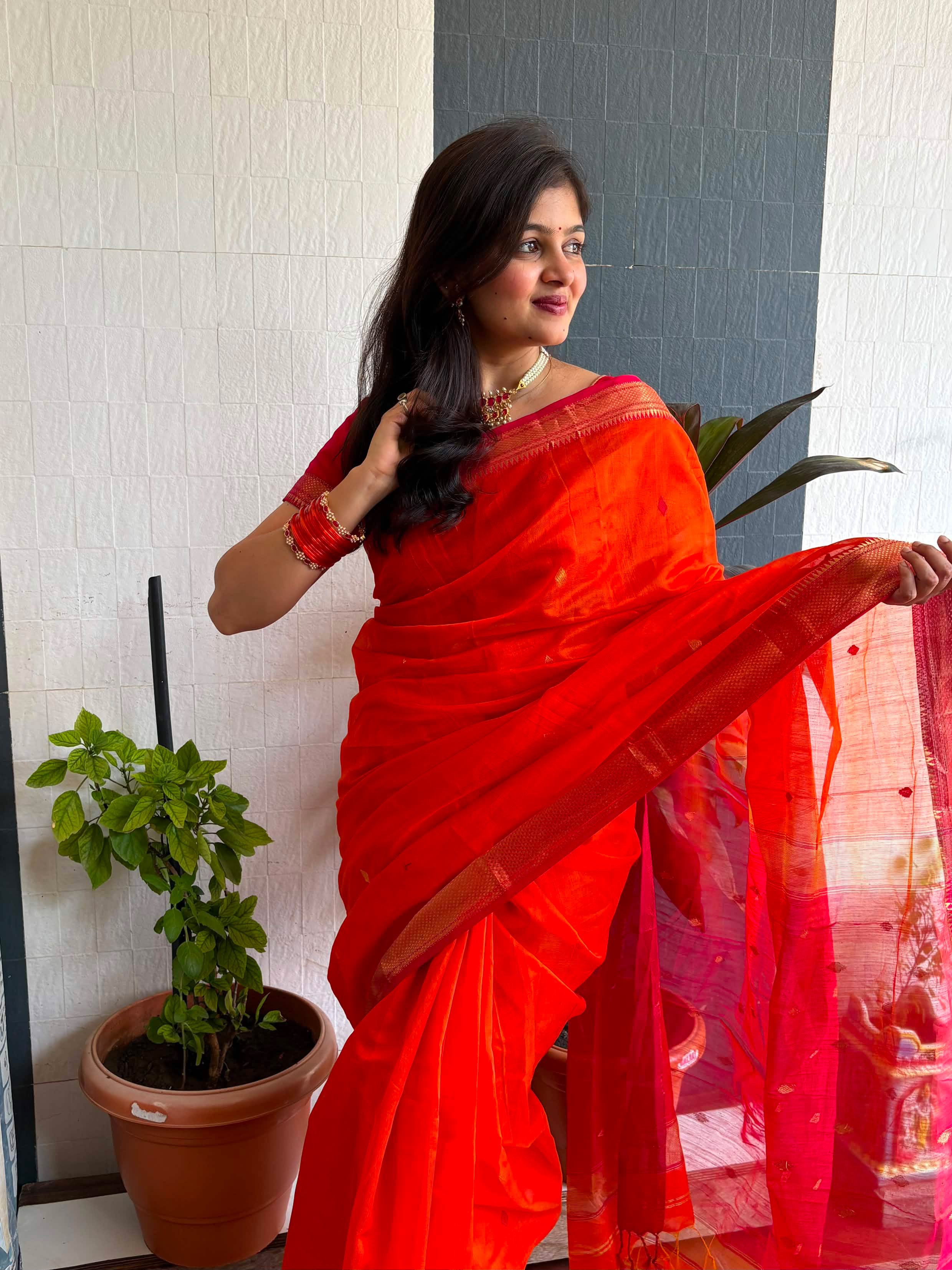 Karvath Orange Pink Maheshwari Handloom Saree