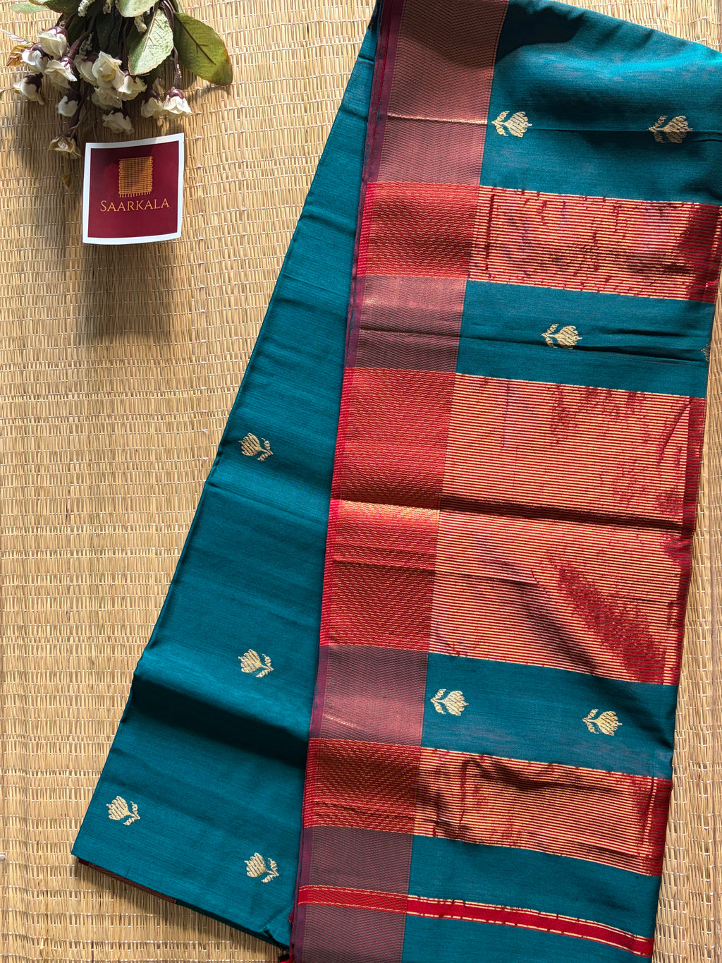 German Blue Red Lotus Maheshwari silk and cotton Saree
