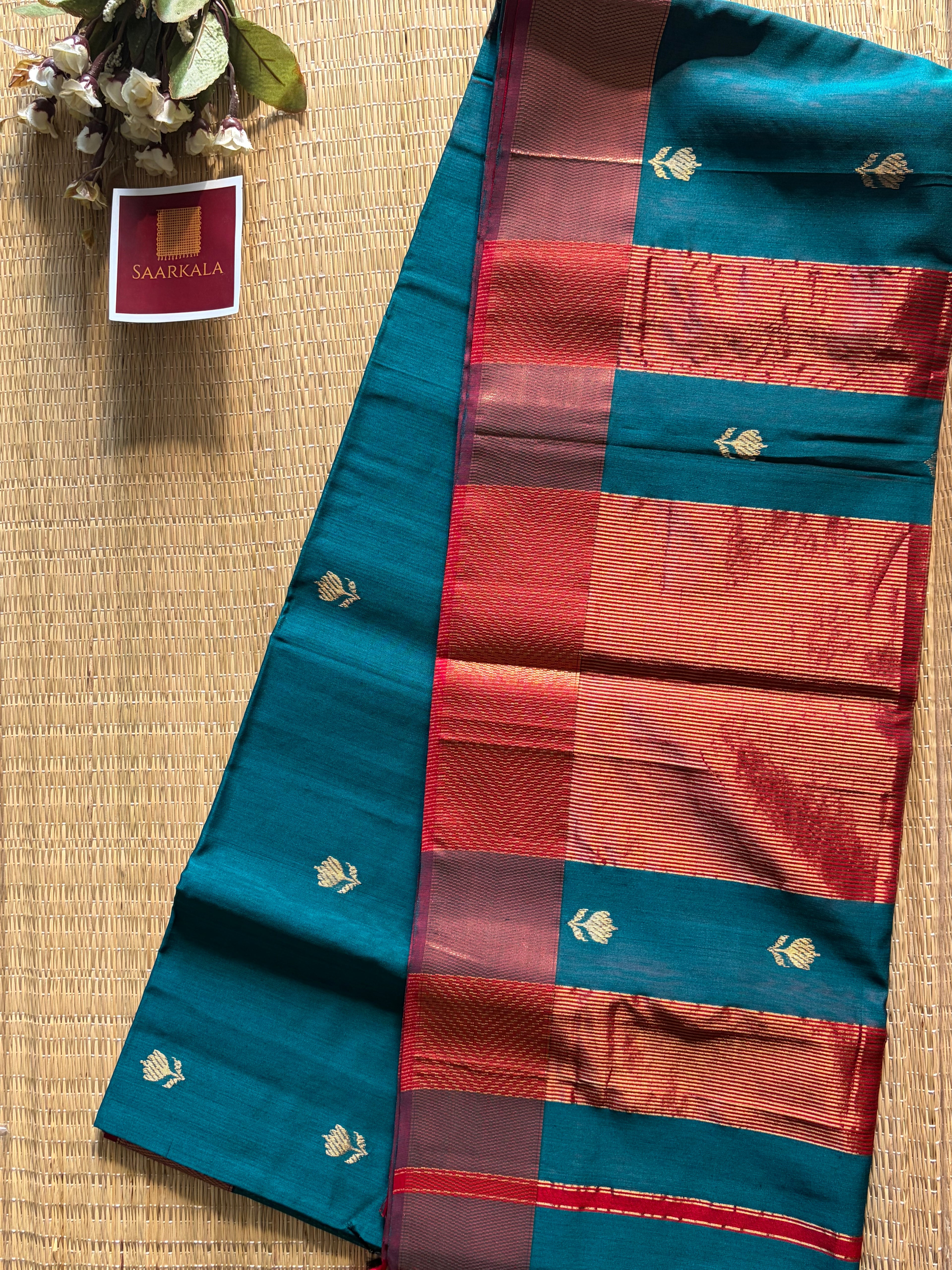 German Blue Red Lotus Maheshwari silk and cotton Saree