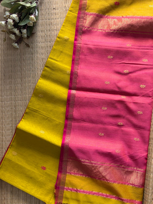Chameli Lemon Green Pink Maheshwari Handloom Saree
