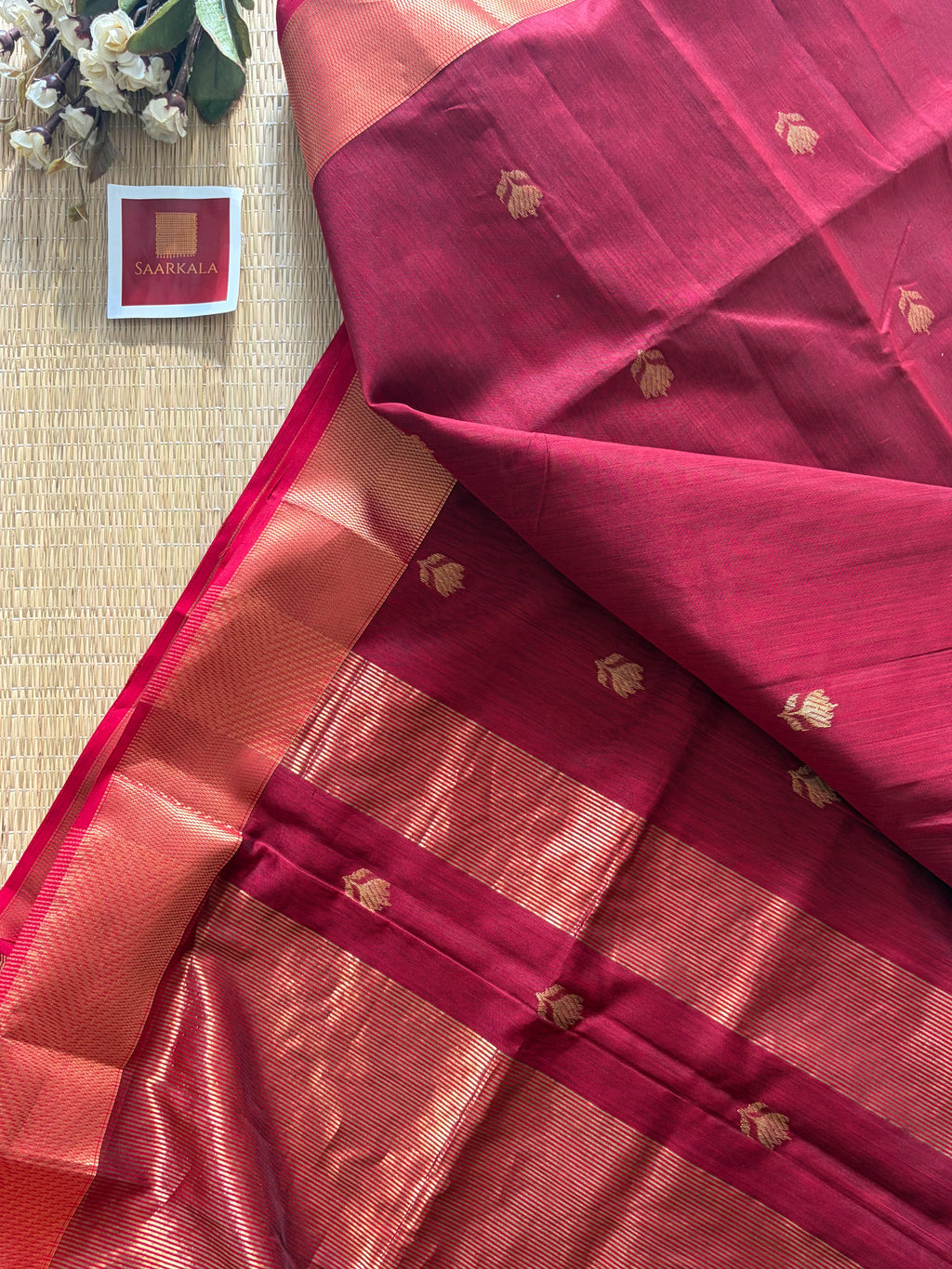 Lotus Maroon Red Maheshwari Handloom Saree with Gold Border