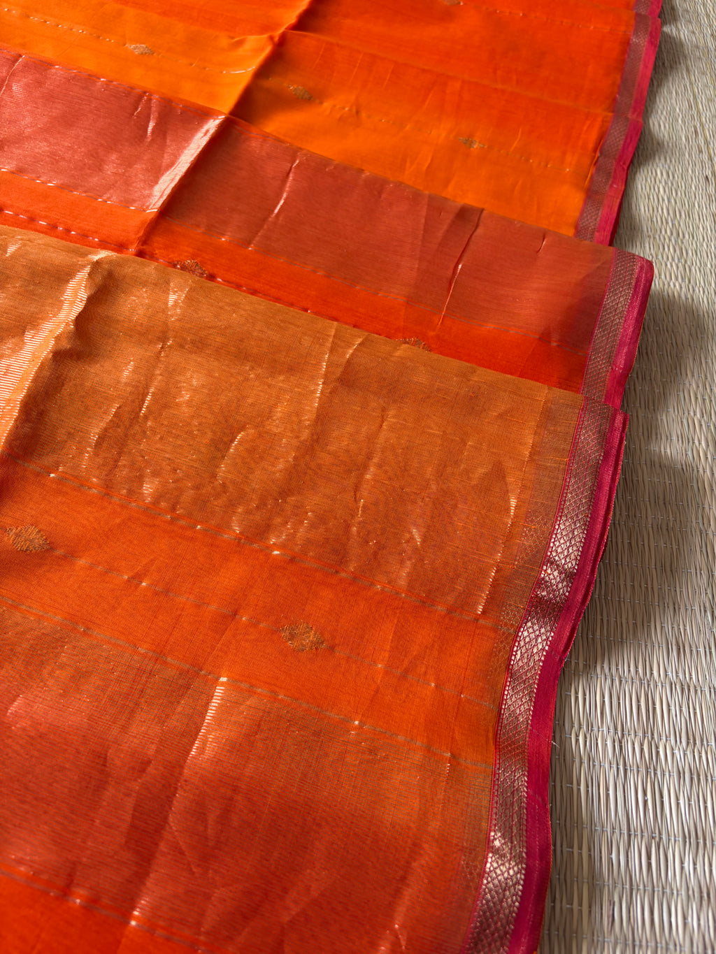 Kesar Orange Shaded Maheshwari Handwoven Saree with Gold Zari Border