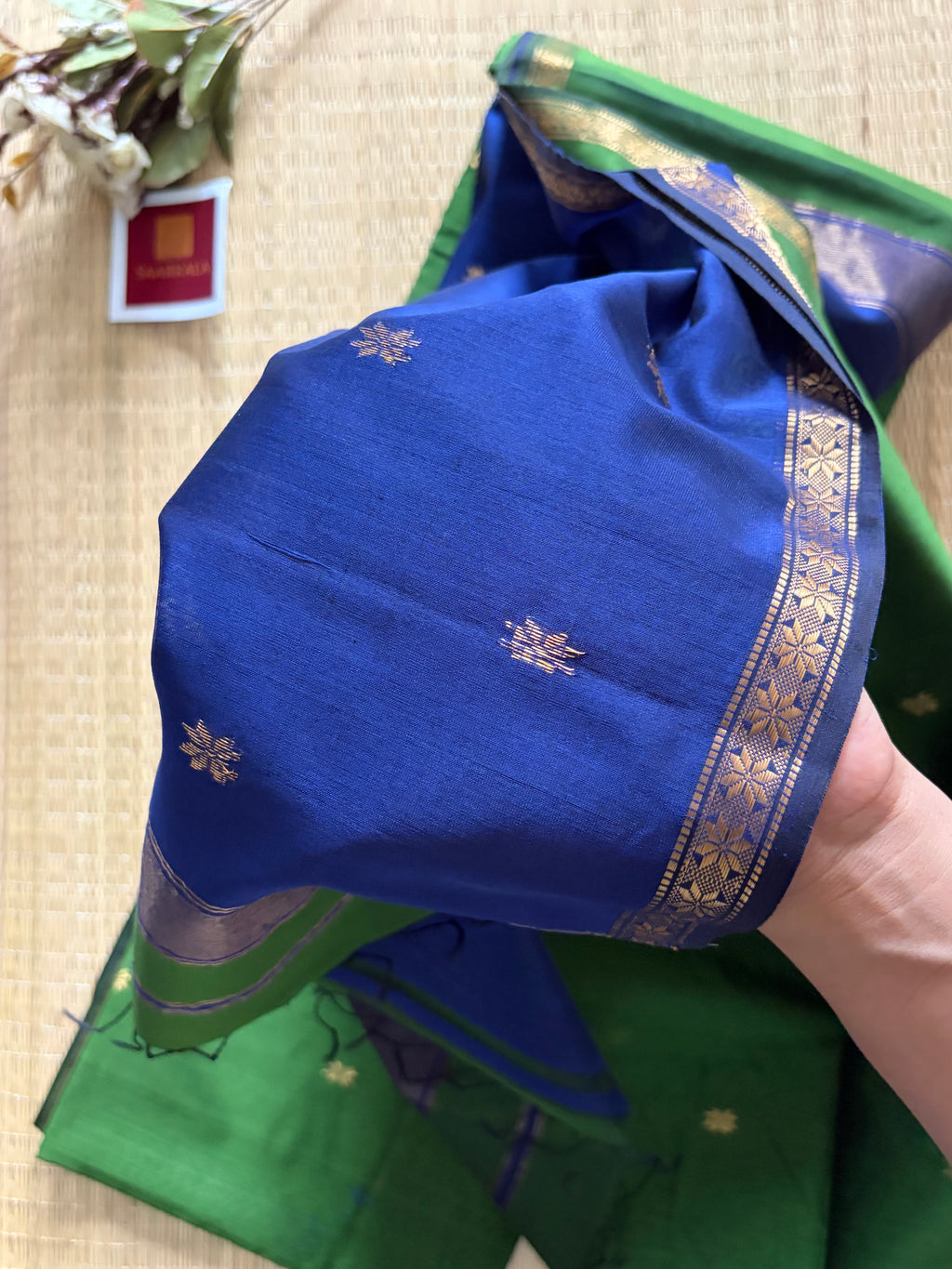 Savan Green & Blue Chameli Maheshwari Handloom Silk Cotton Saree