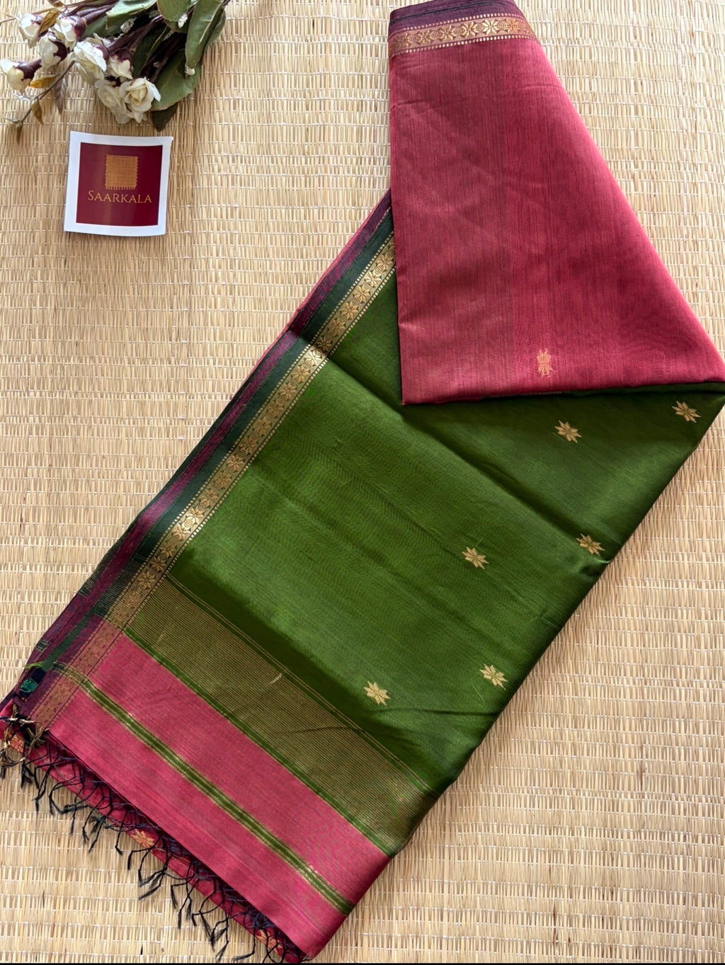Gajri Green Maheshwari Handwoven Saree with Gold Zari Border