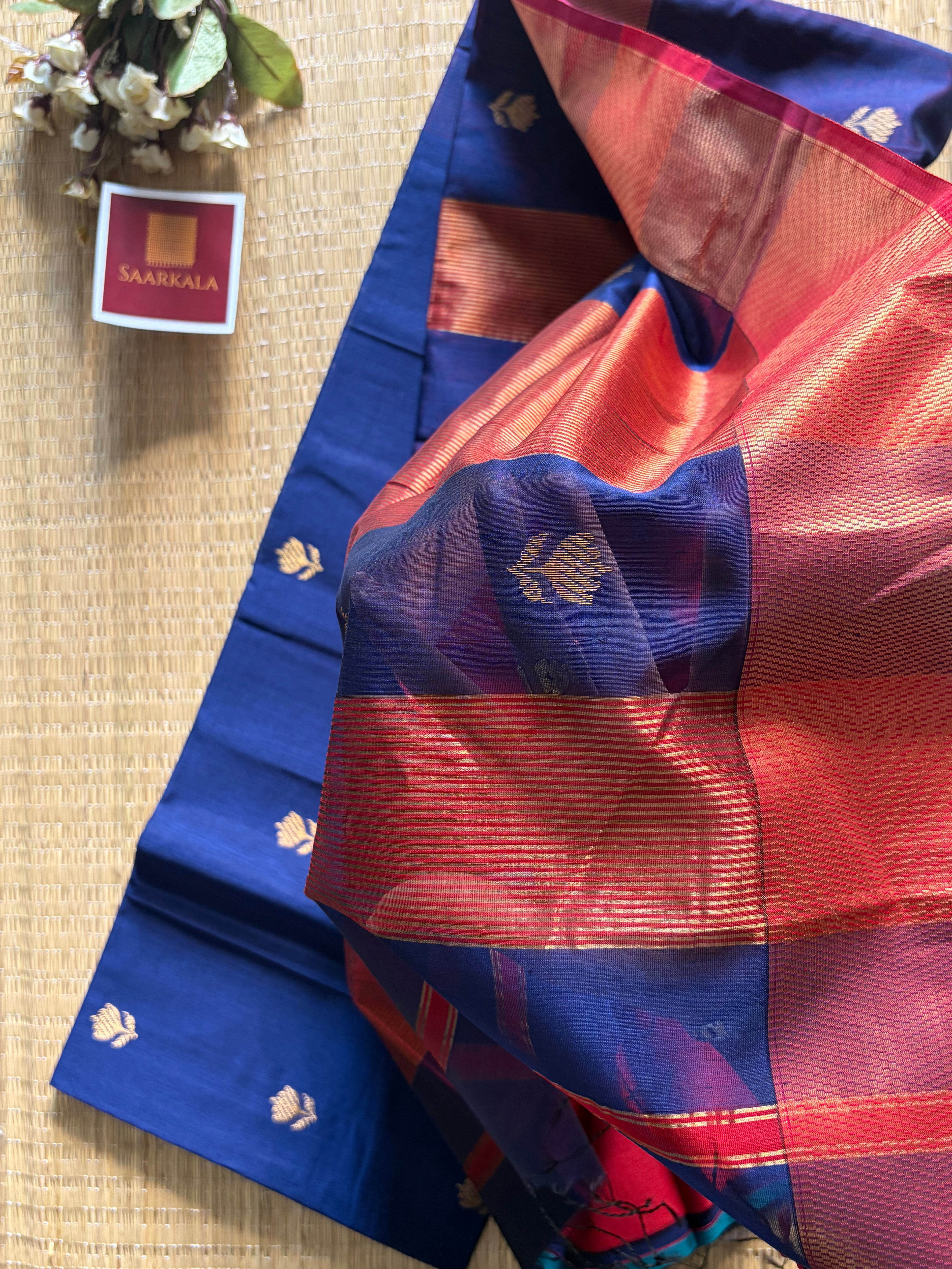 Blue Red Lotus Maheshwari silk and cotton Saree