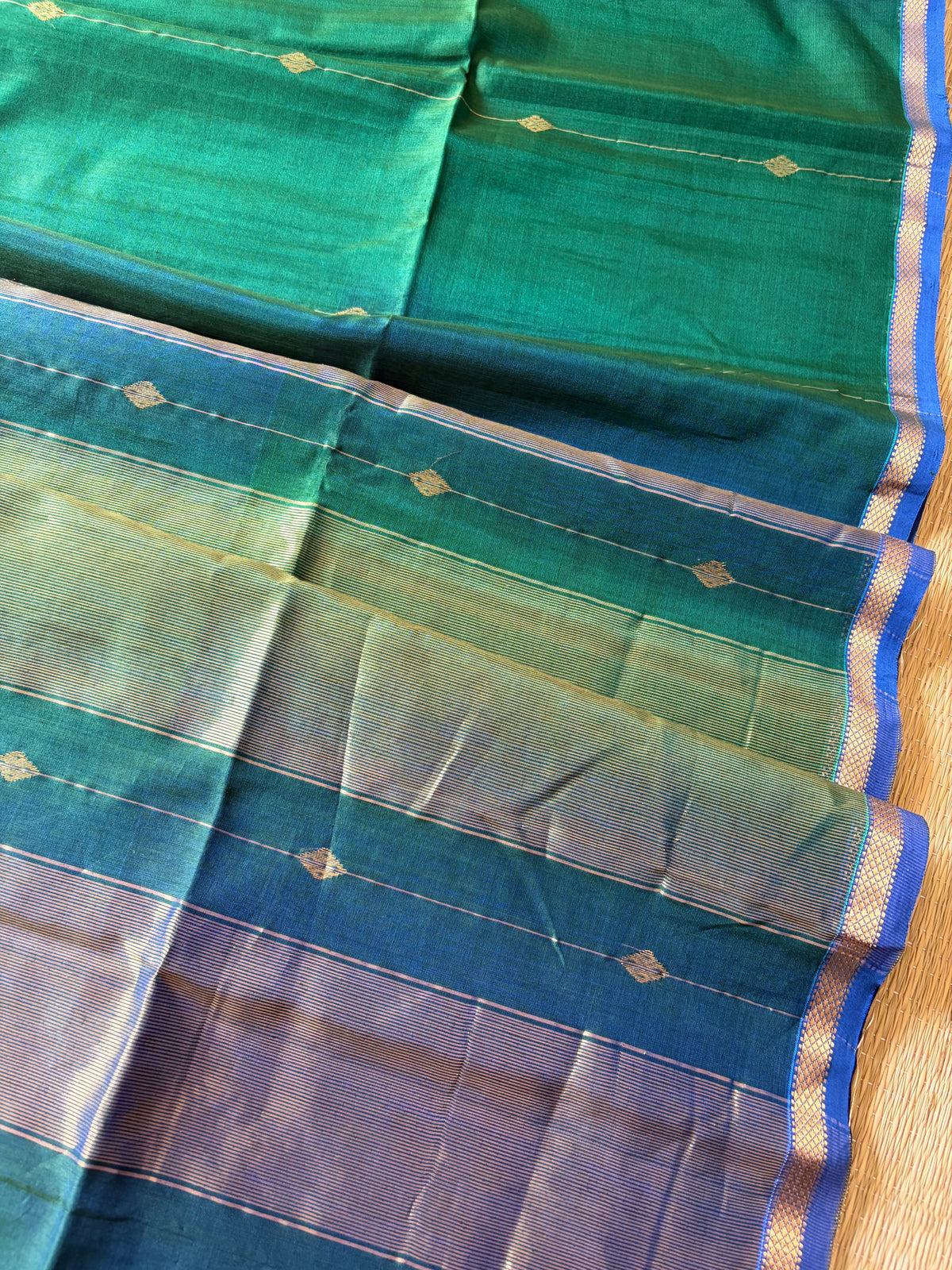 Rama Green Dual Shaded Maheshwari Handwoven Saree with Gold Zari Border