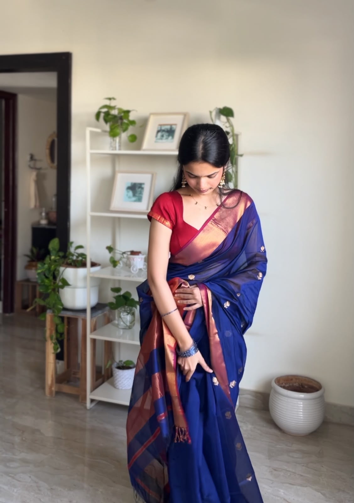 Harshini Lotus Blue Red Maheshwari Handloom Saree with Gold Border