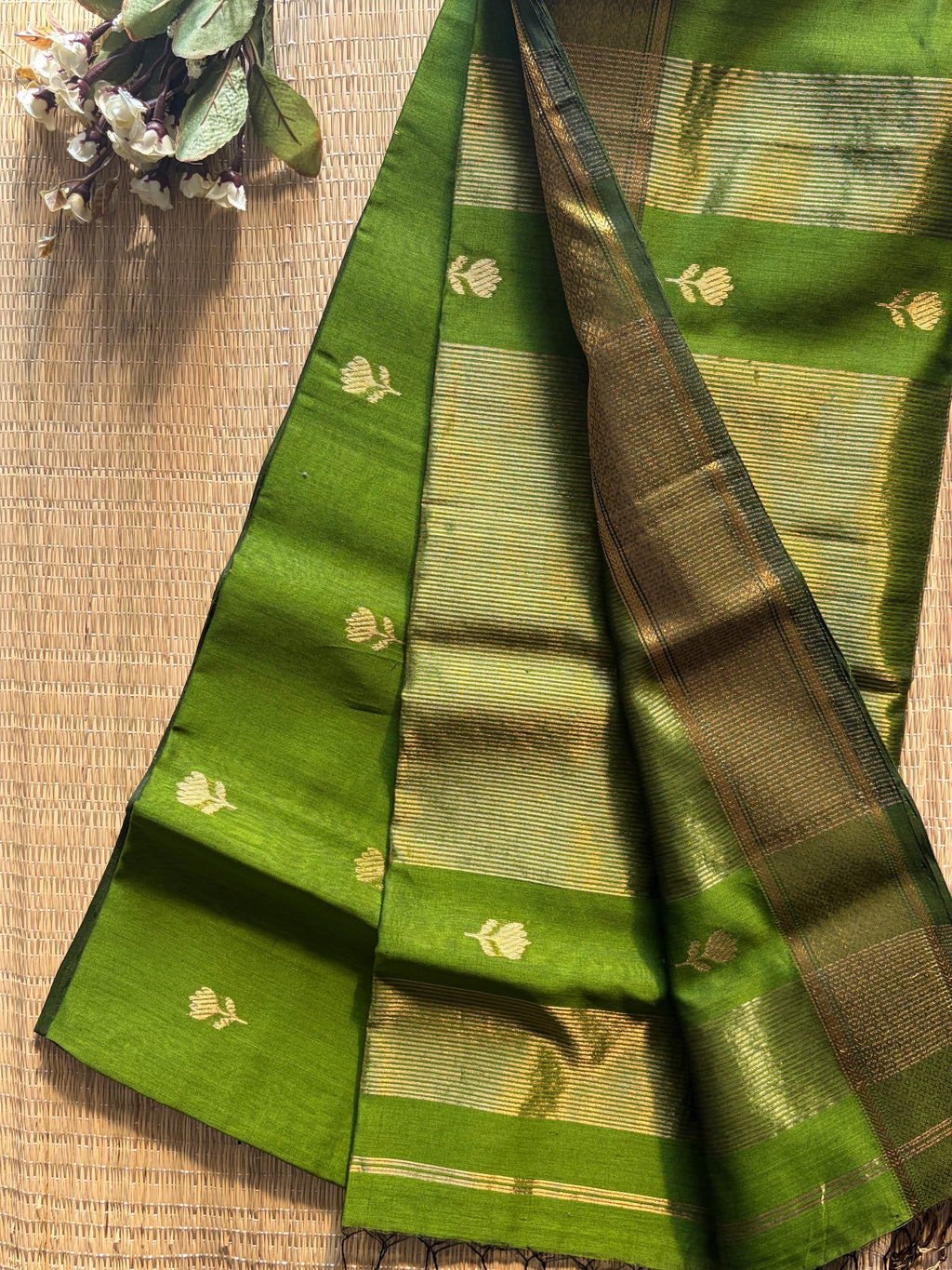 Mint Green Maheshwari silk and cotton Lotus Butta Saree