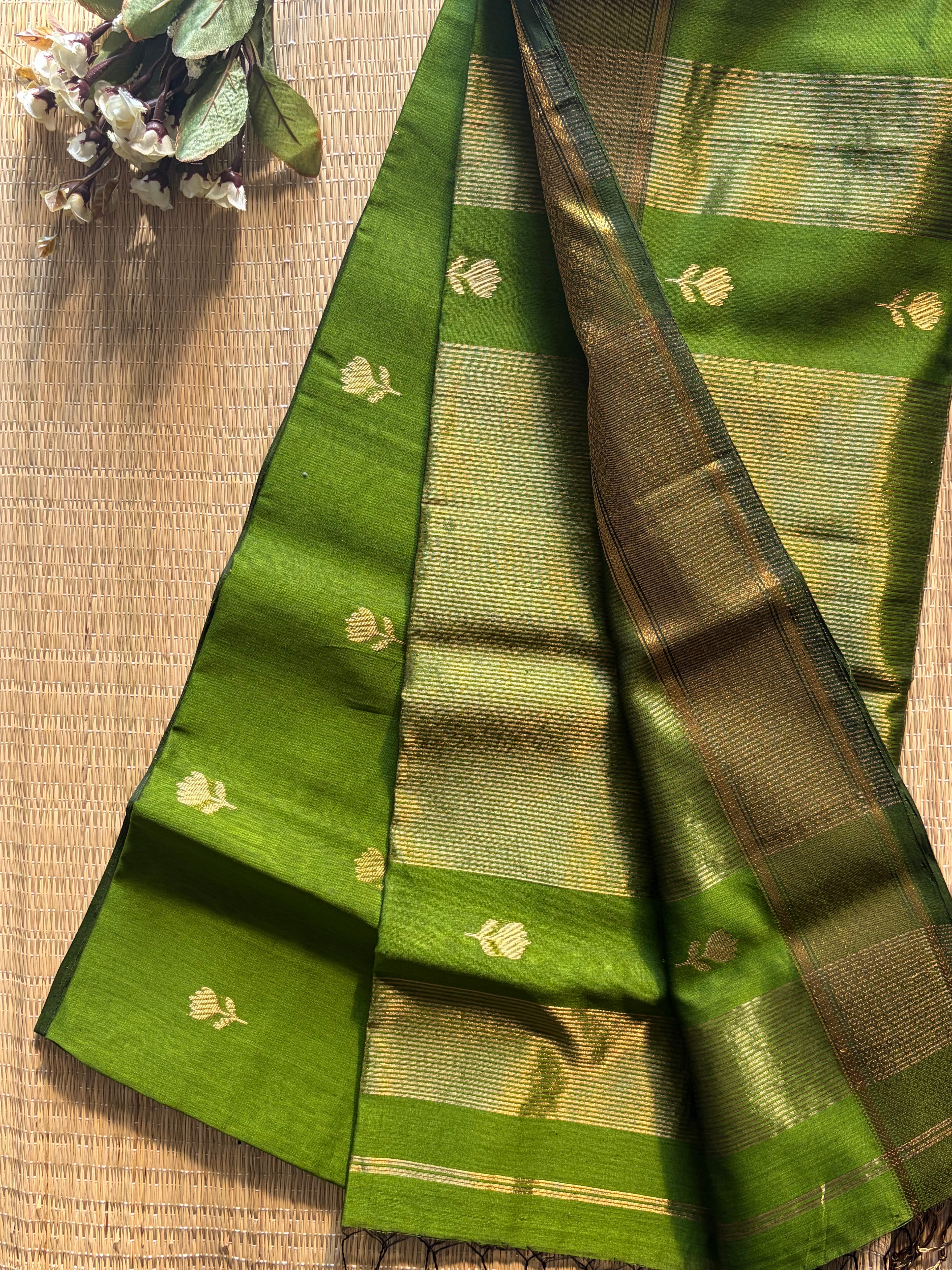 Mint Green Maheshwari silk and cotton Lotus Butta Saree