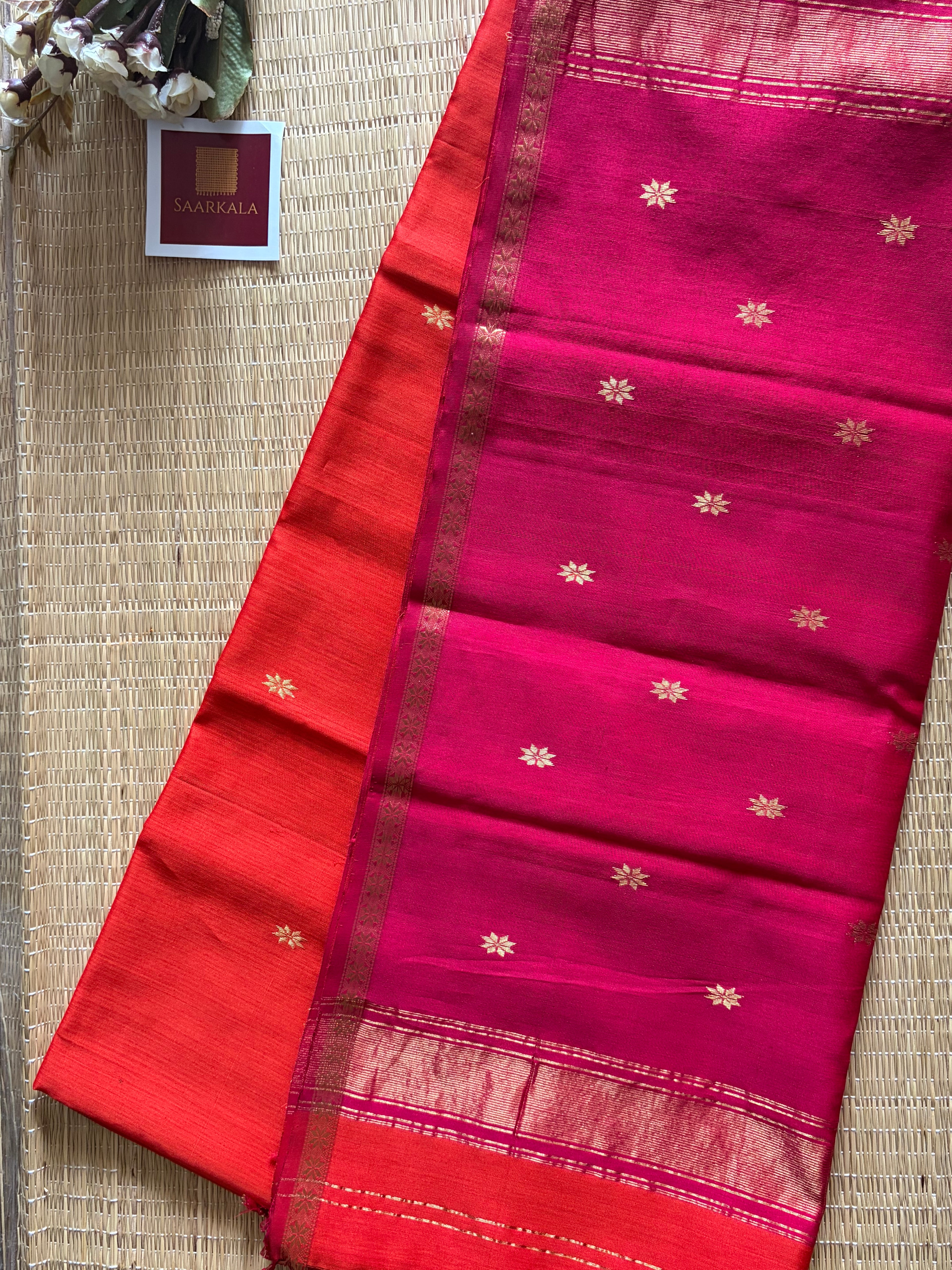 Rust Rani Maheshwari silk by cotton handloom saree