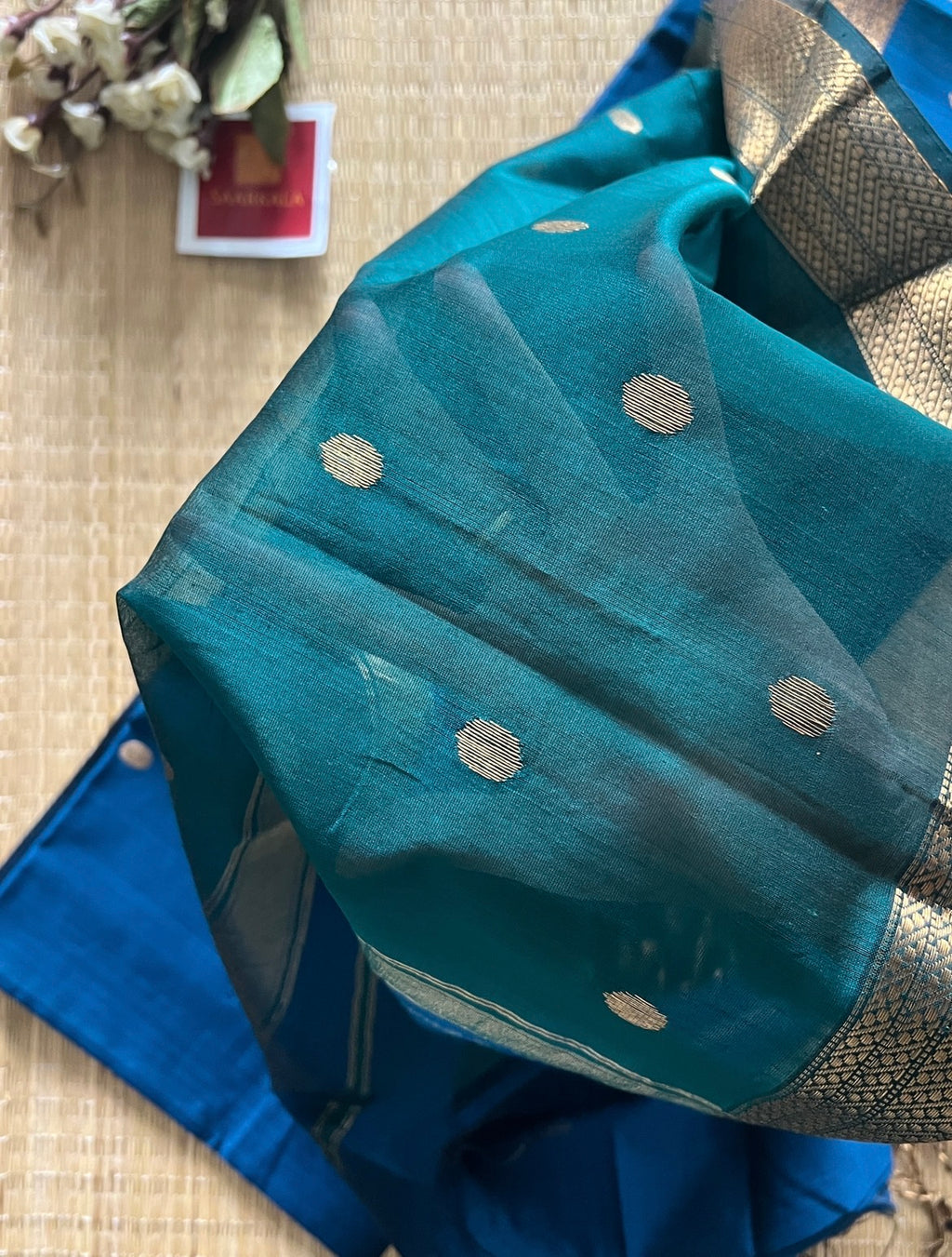 Sikka Rama Blue Maheshwari Handwoven Saree with Gold Zari Border