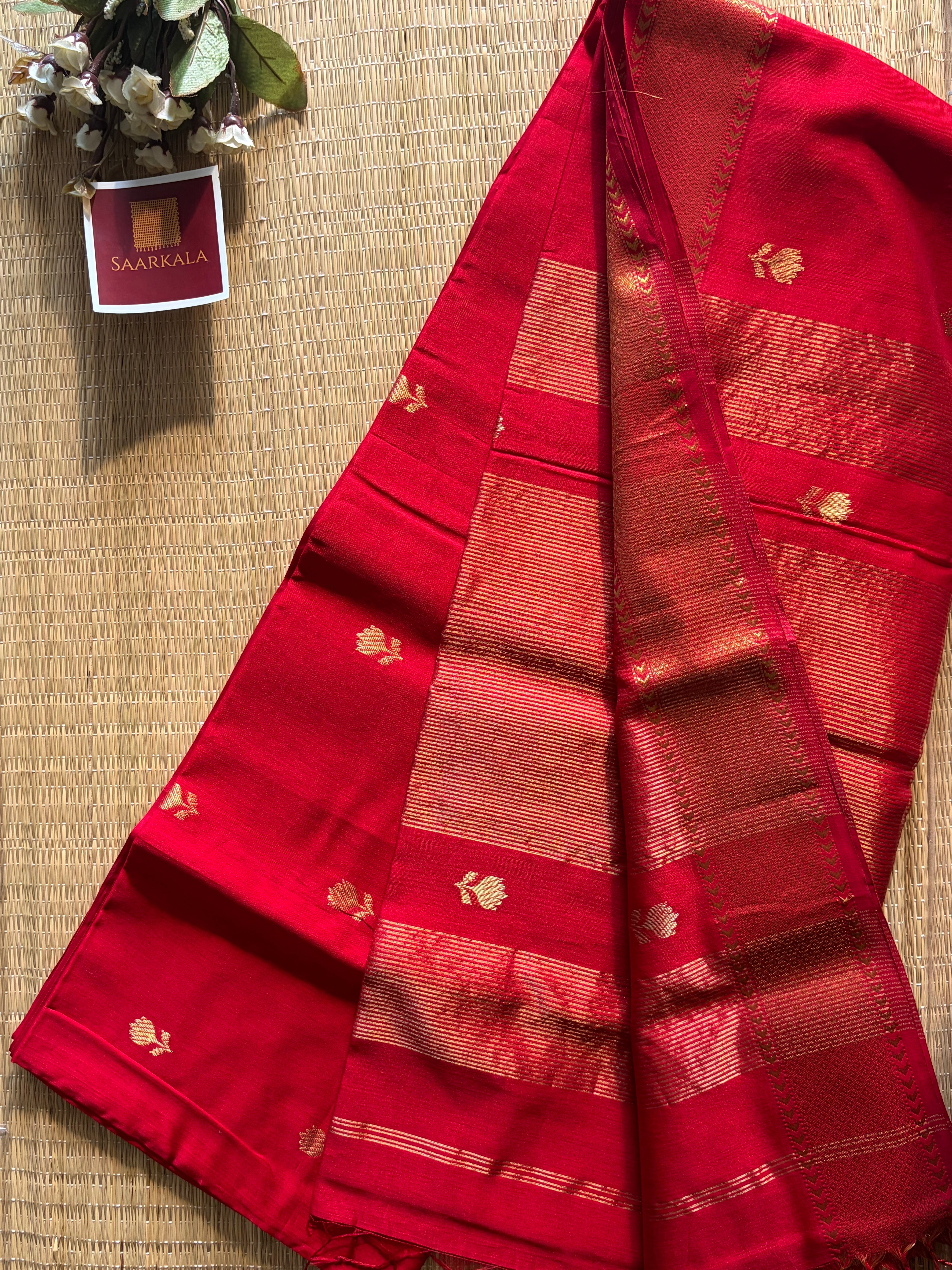 Red Lotus Maheshwari silk and cotton Saree