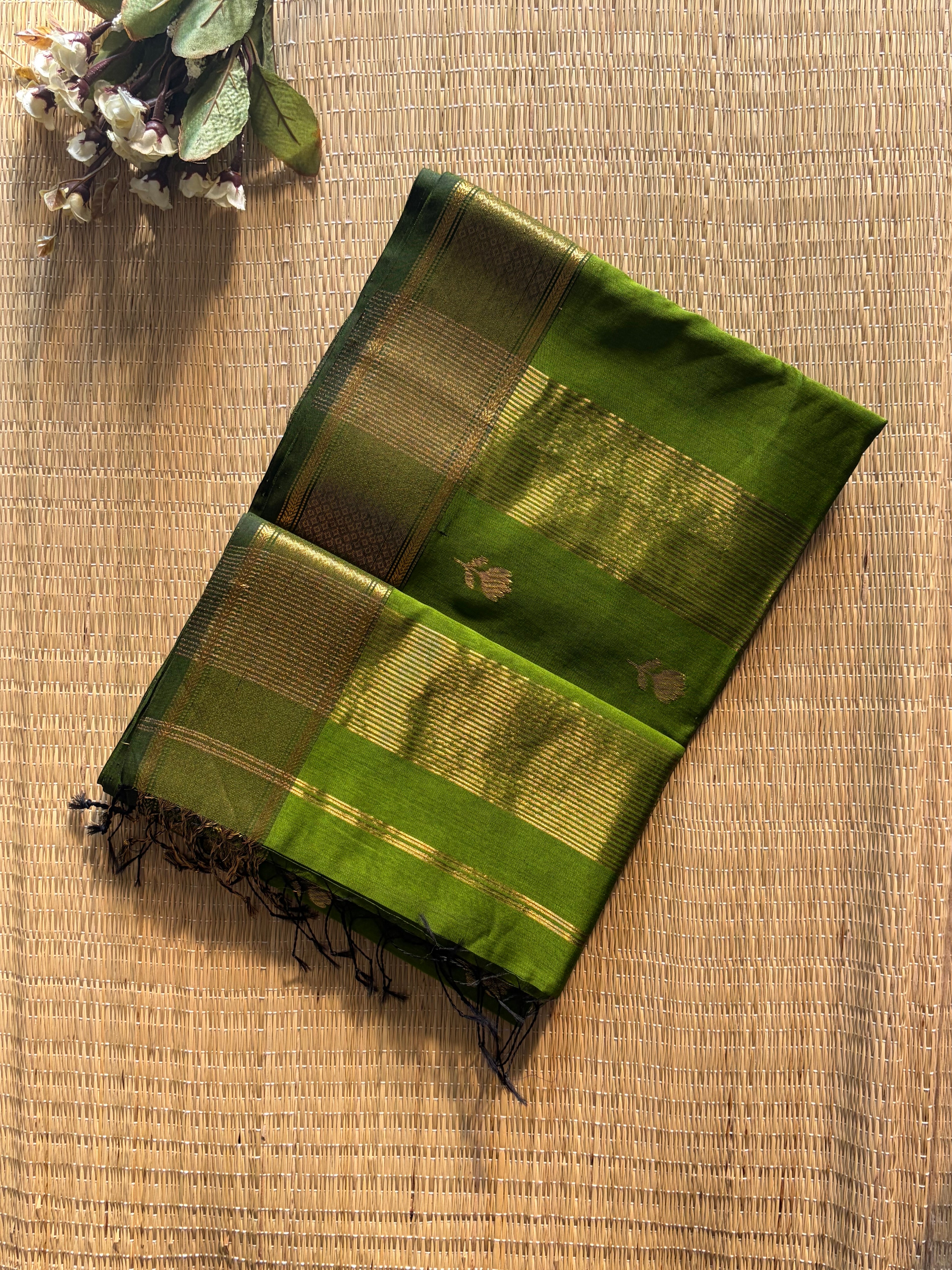 Mint Green Maheshwari silk and cotton Lotus Butta Saree