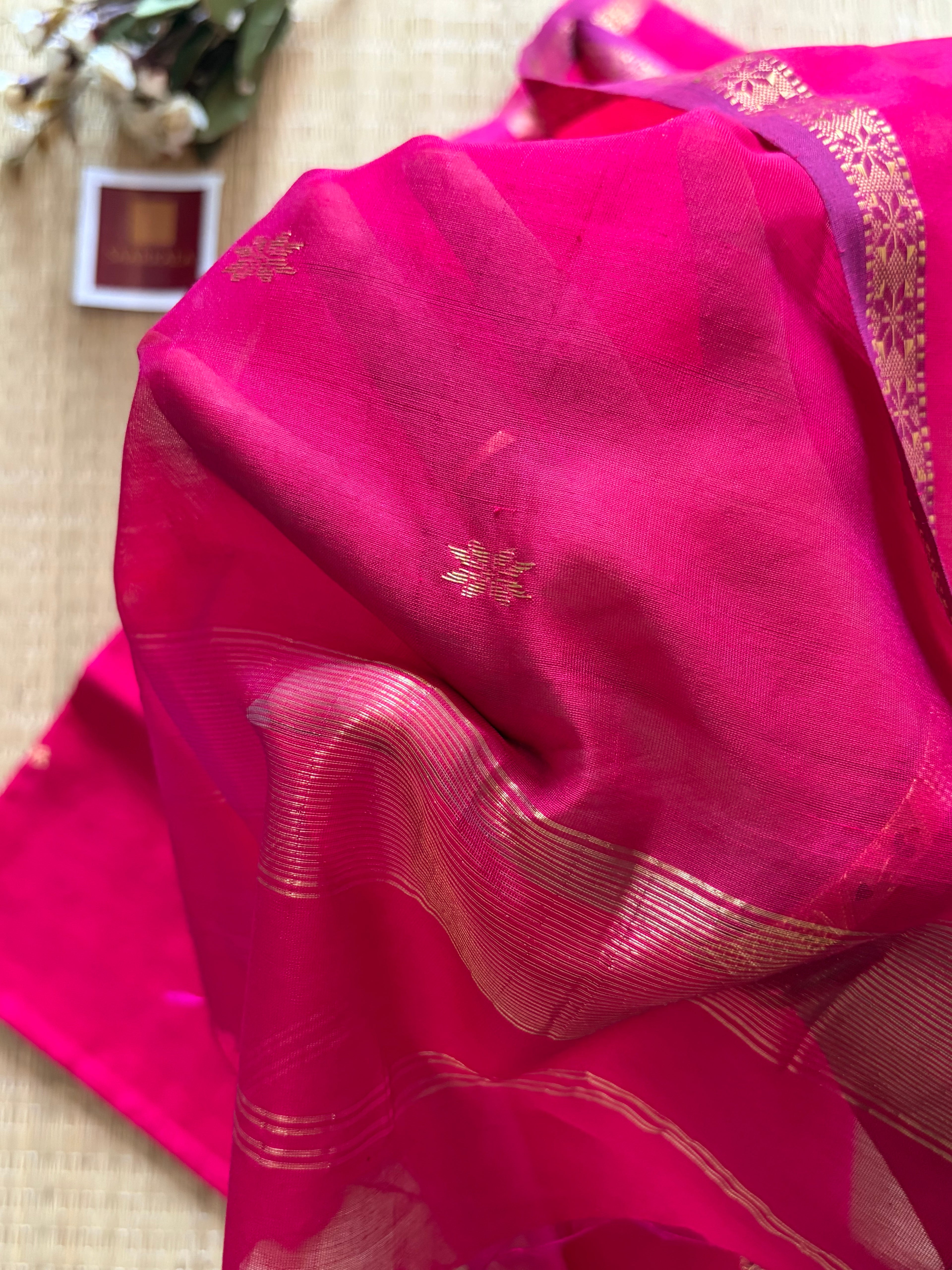 Magenta Kinari Self Pink Chameli Maheshwari Handloom Silk Cotton Saree