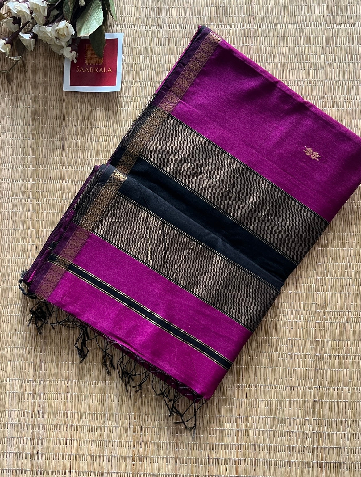 Chameli Magenta Black Maheshwari Handwoven Saree with Gold Zari Border