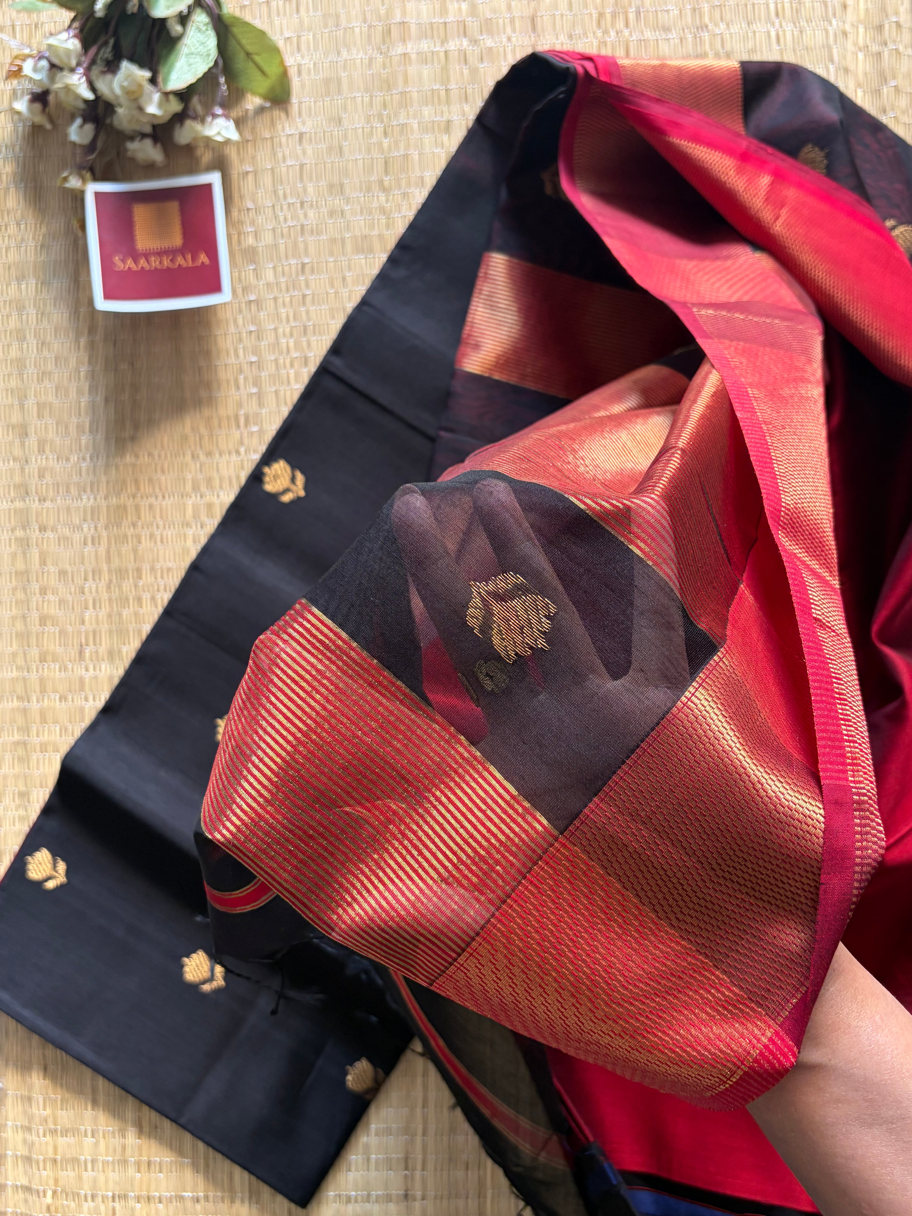 Black Red Lotus Maheshwari silk and cotton Saree