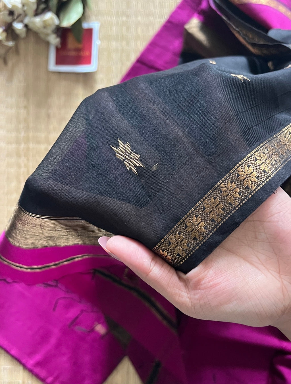 Chameli Magenta Black Maheshwari Handwoven Saree with Gold Zari Border