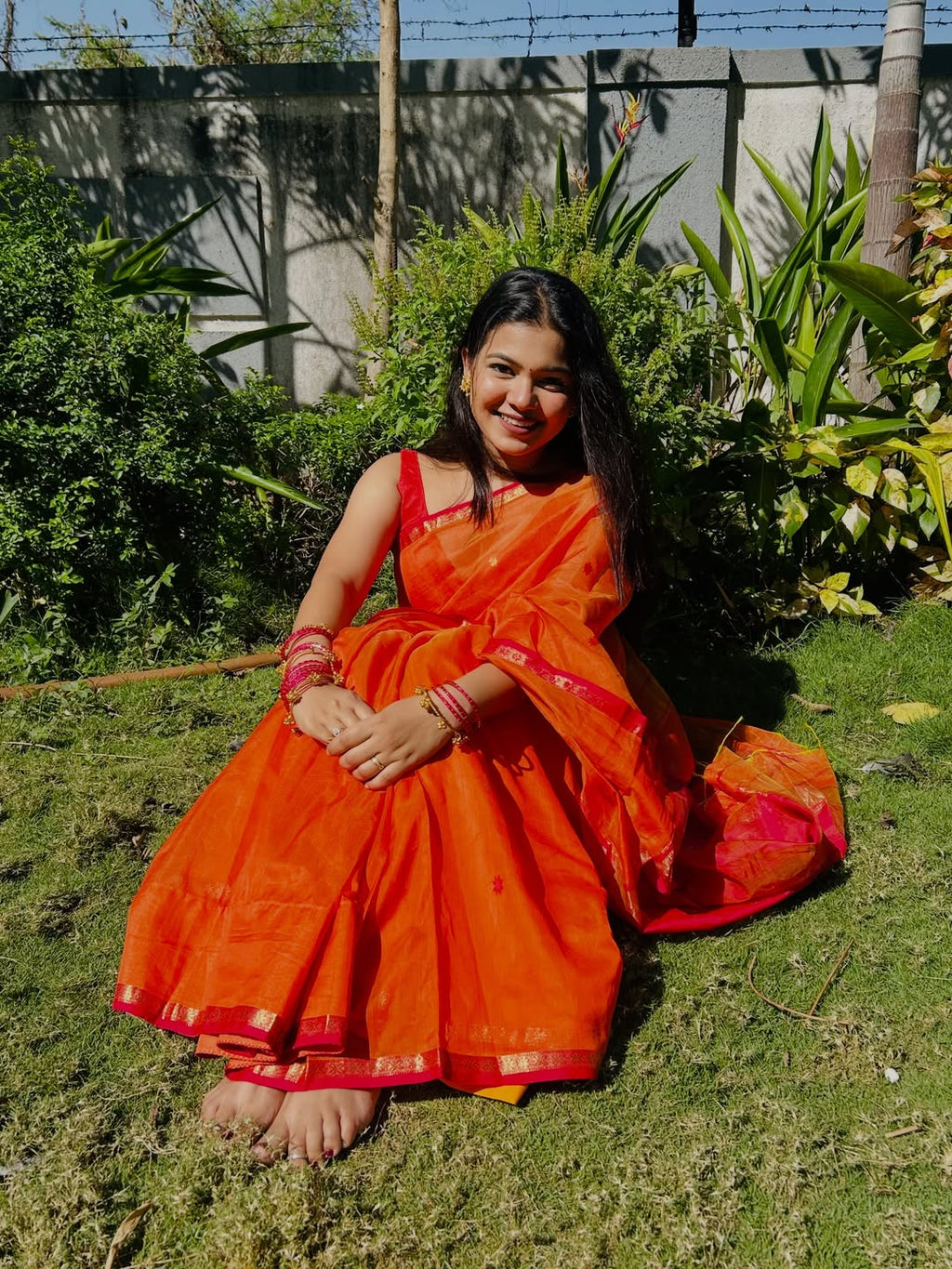 Sayali Orange Pink Chameli Maheshwari Handloom Saree