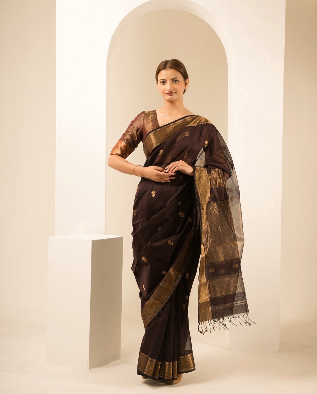 Lotus Brown Maheshwari Handloom Saree