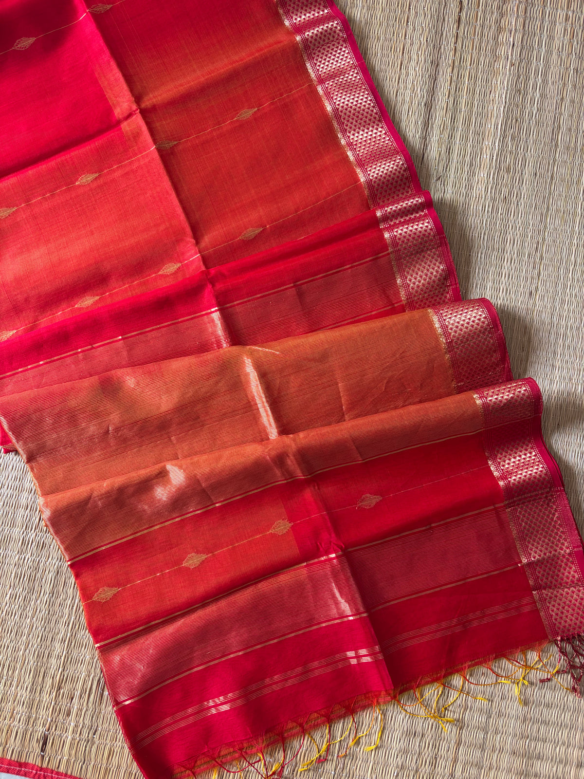 Reshami Red Shaded Maheshwari Handwoven Saree with Gold Butti