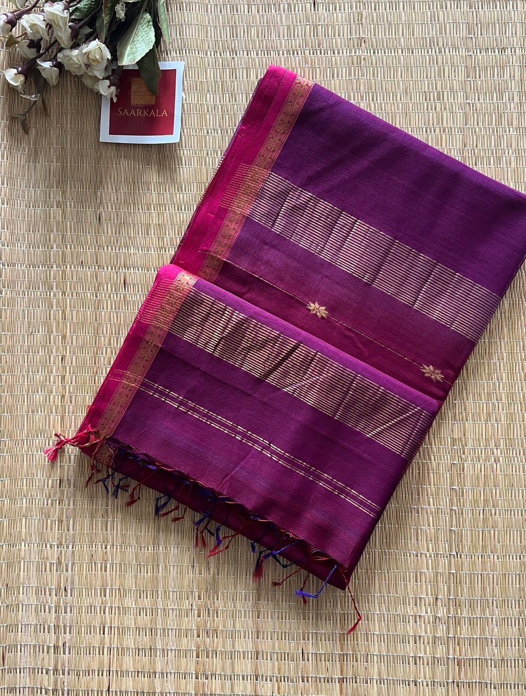 Dual Shaded Pink Purple Maheshwari Handwoven Saree with Gold Zari Border