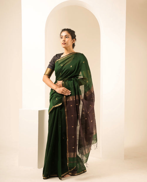 Chameli Green Brown Maheshwari Handloom Saree