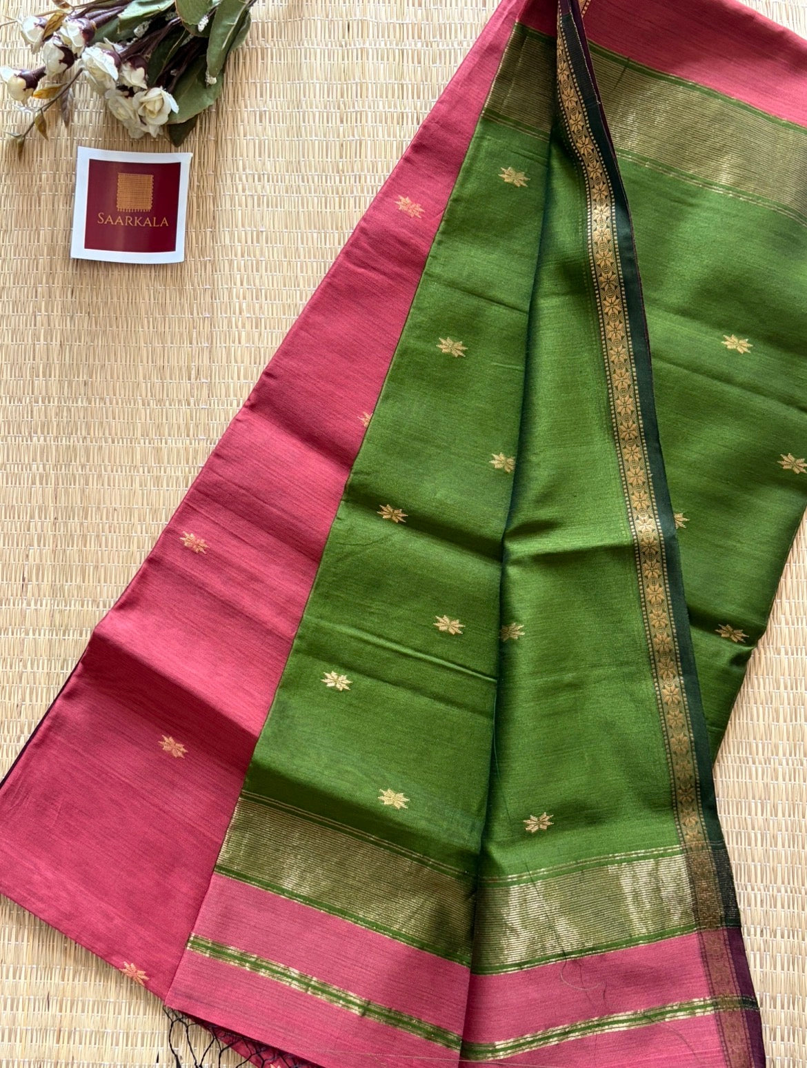 Gajri Green Maheshwari Handwoven Saree with Gold Zari Border