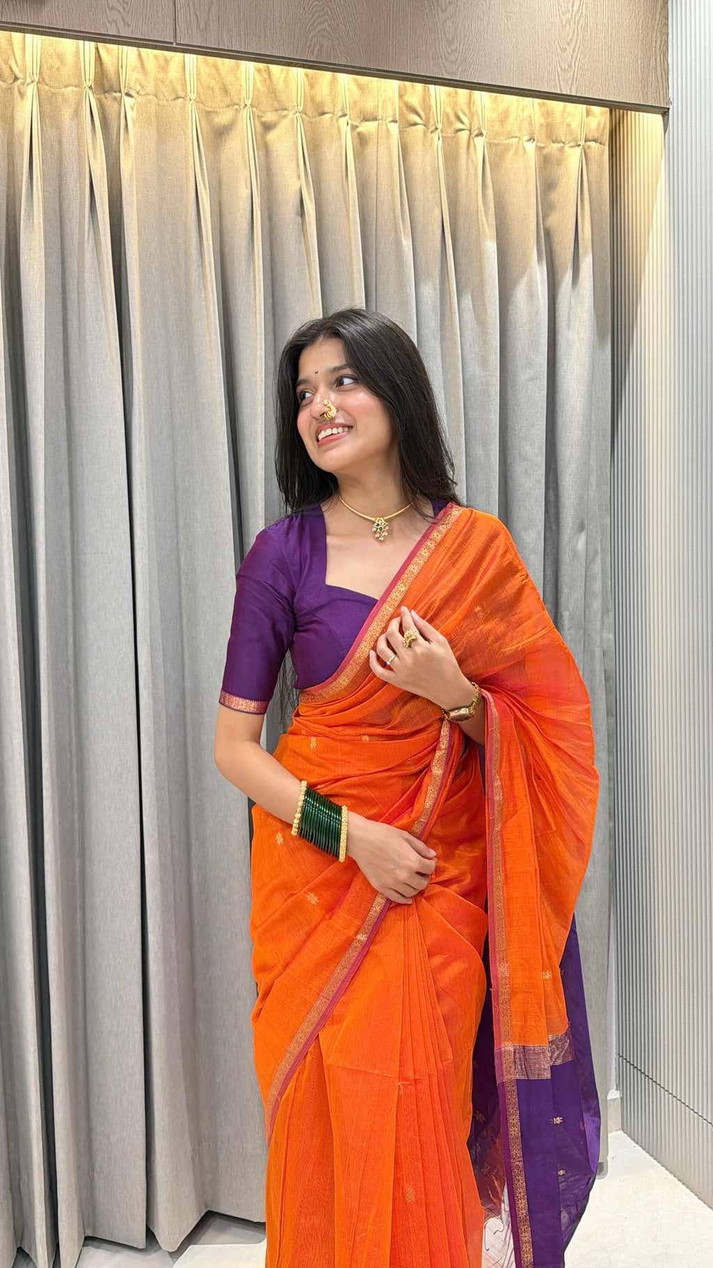 Sayali Kesari Purple Pallu Maheshwari Handloom Saree