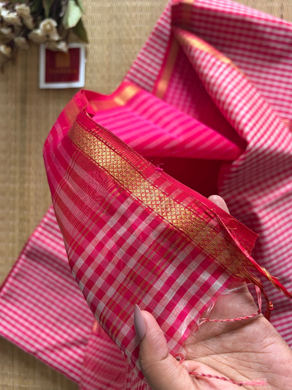Gingham Pink Maheshwari Handloom Saree