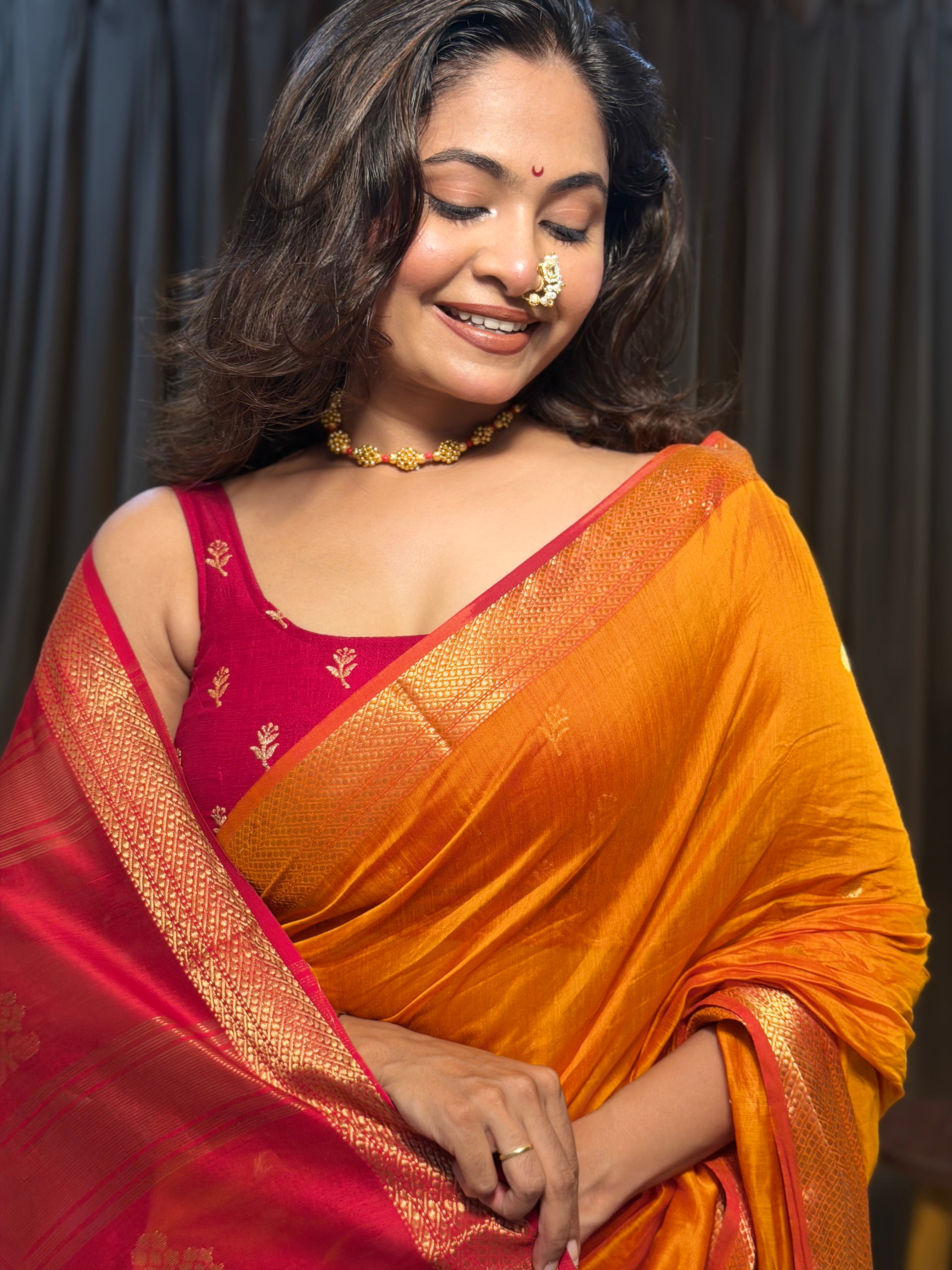 Ashu Floral Buta Mustard & red Maheshwari silk by cotton handloom saree