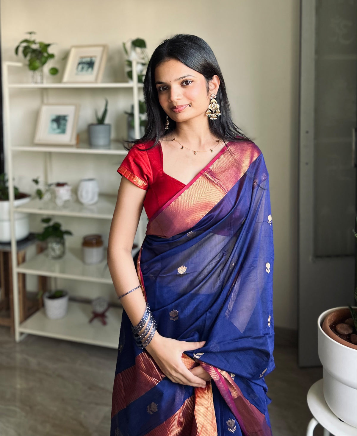 Harshini Lotus Blue Red Maheshwari Handloom Saree with Gold Border