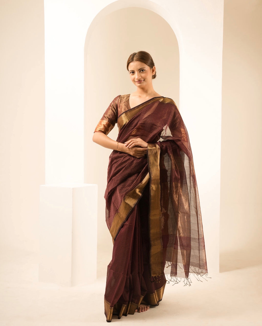 Checks Brown Maheshwari Handloom Saree