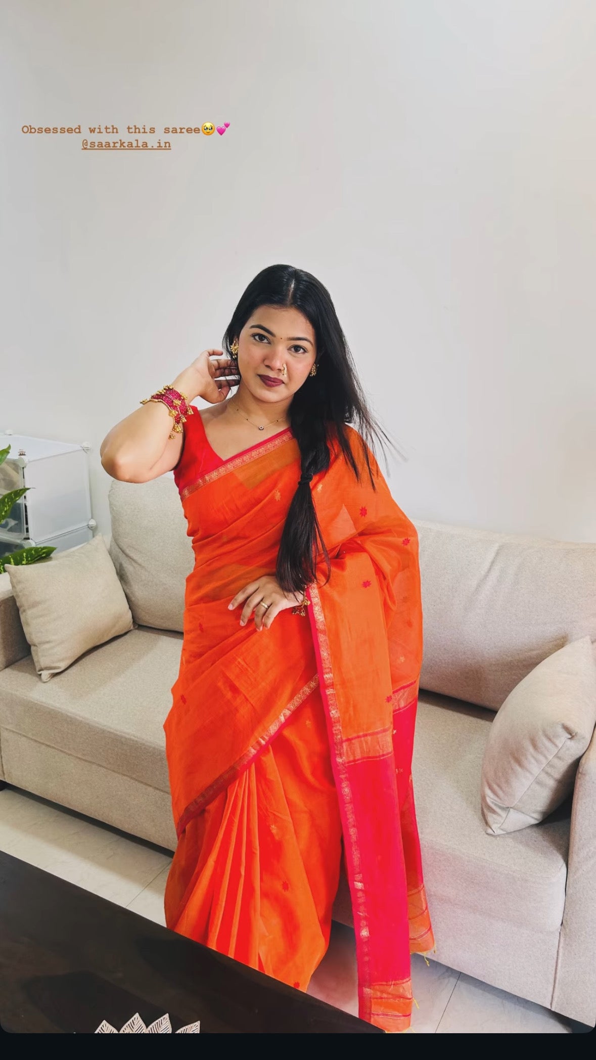 Sayali Orange Pink Chameli Maheshwari Handloom Saree