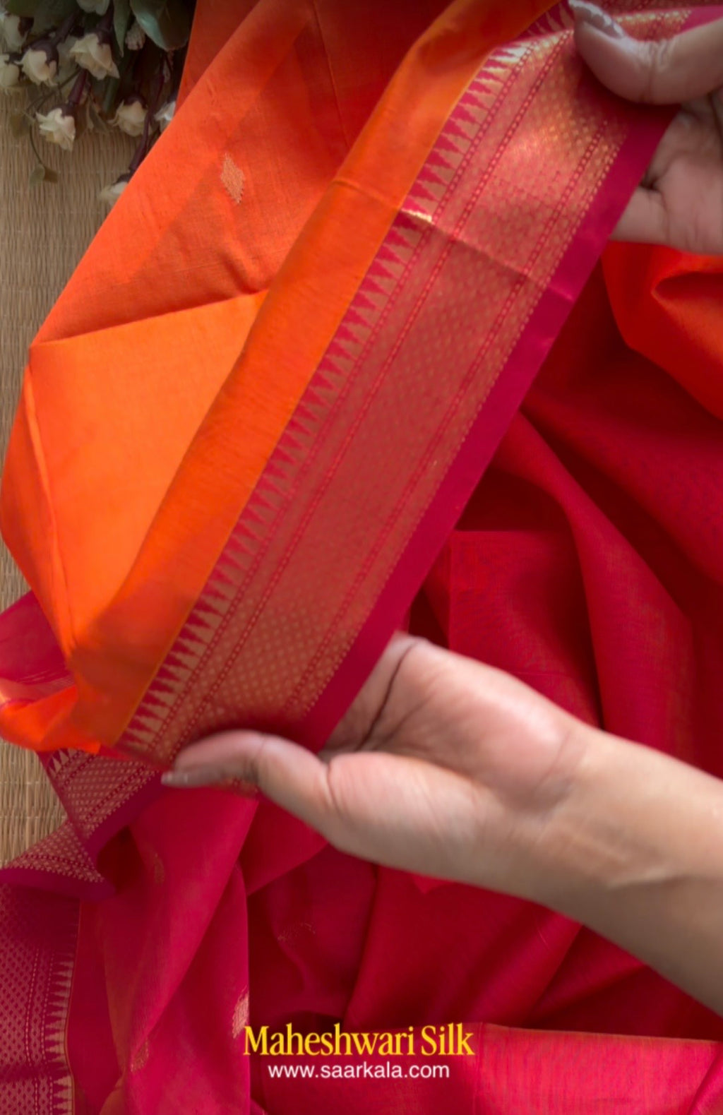 Karvath Orange Pink Maheshwari Handloom Saree