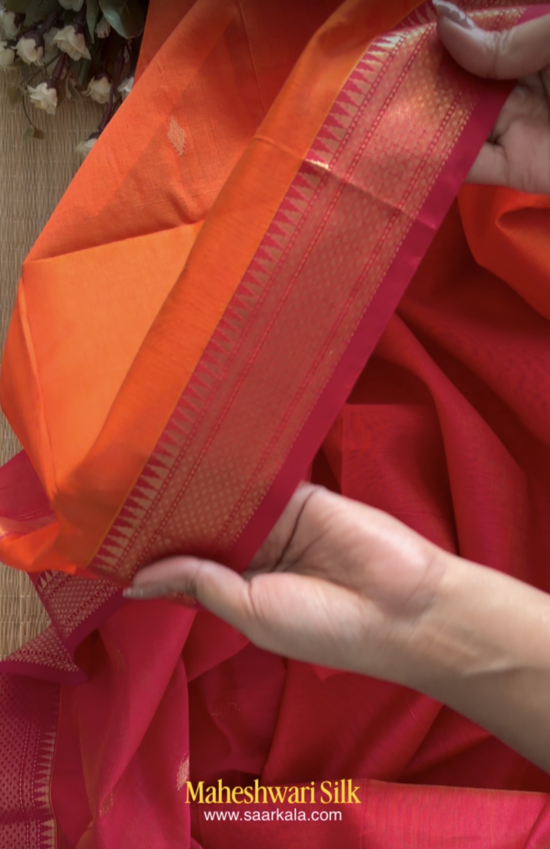 Karvath Orange Pink Maheshwari Handloom Saree
