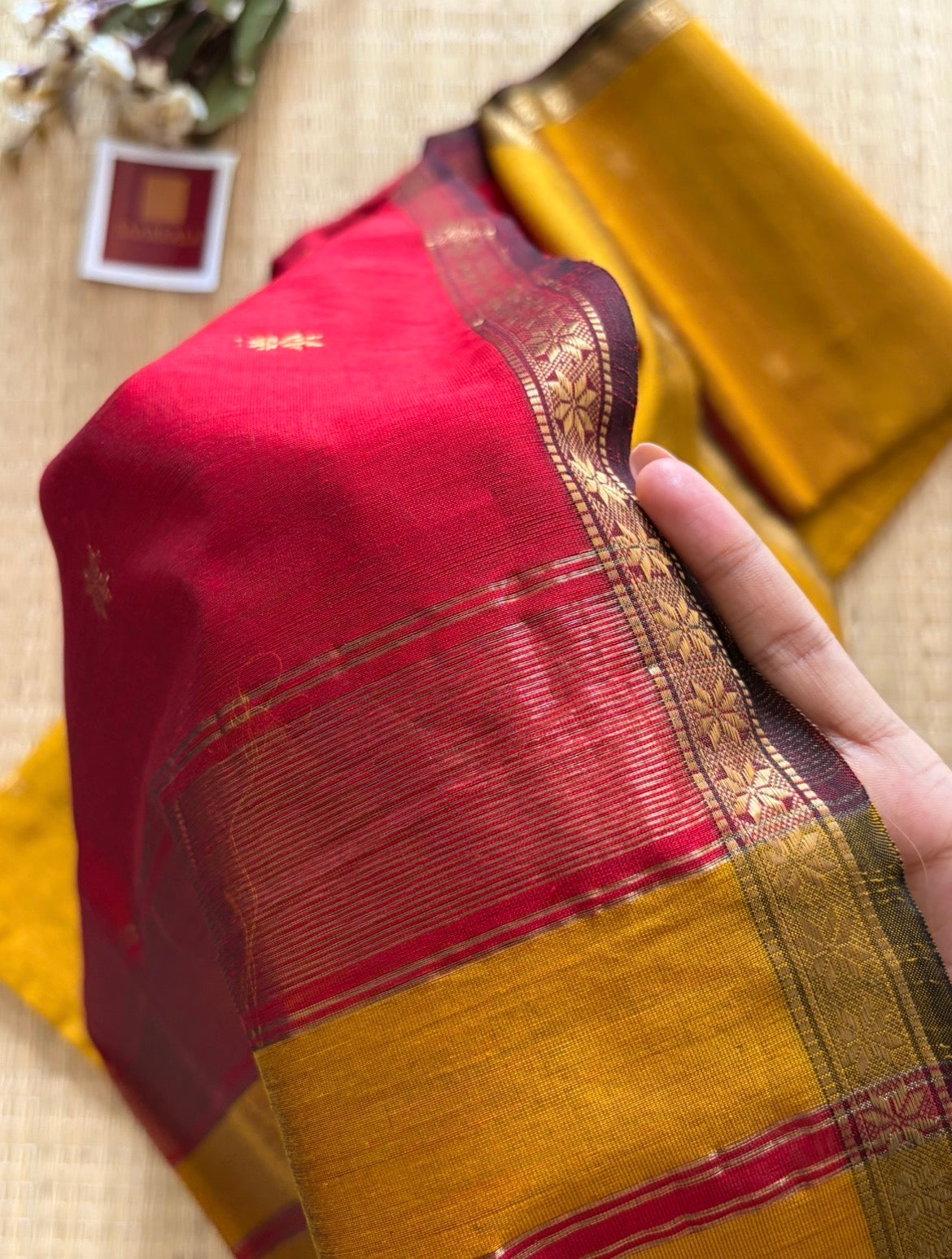 Mustard and Red Maheshwari Handwoven Saree with Gold Zari Border