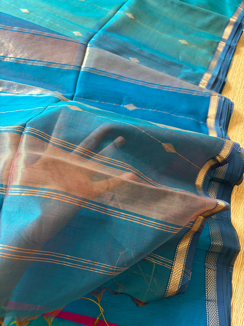 Blue Tint Shaded Maheshwari Handwoven Saree with Gold Zari Border