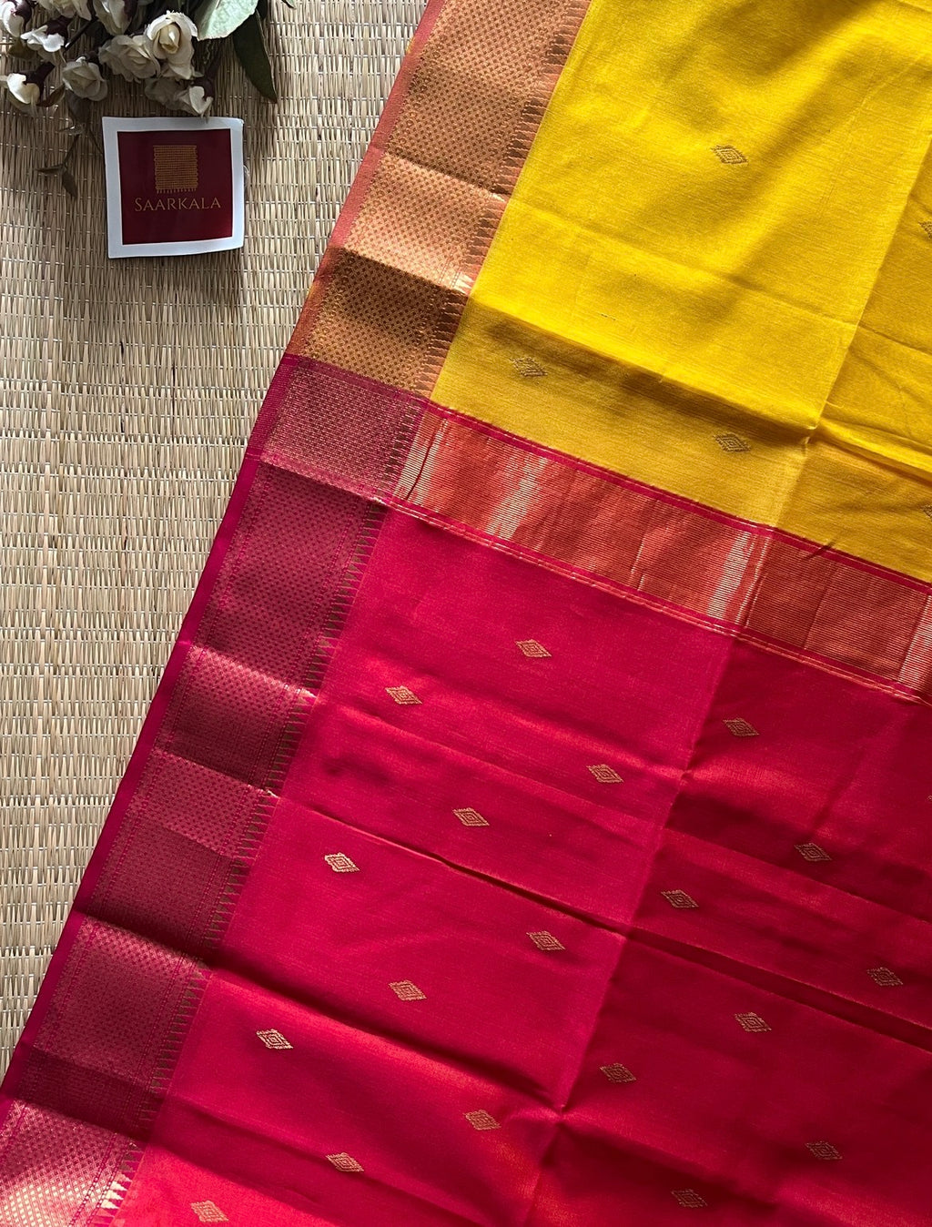 Karvath Pink Yellow silk & cotton pure Handloom saree