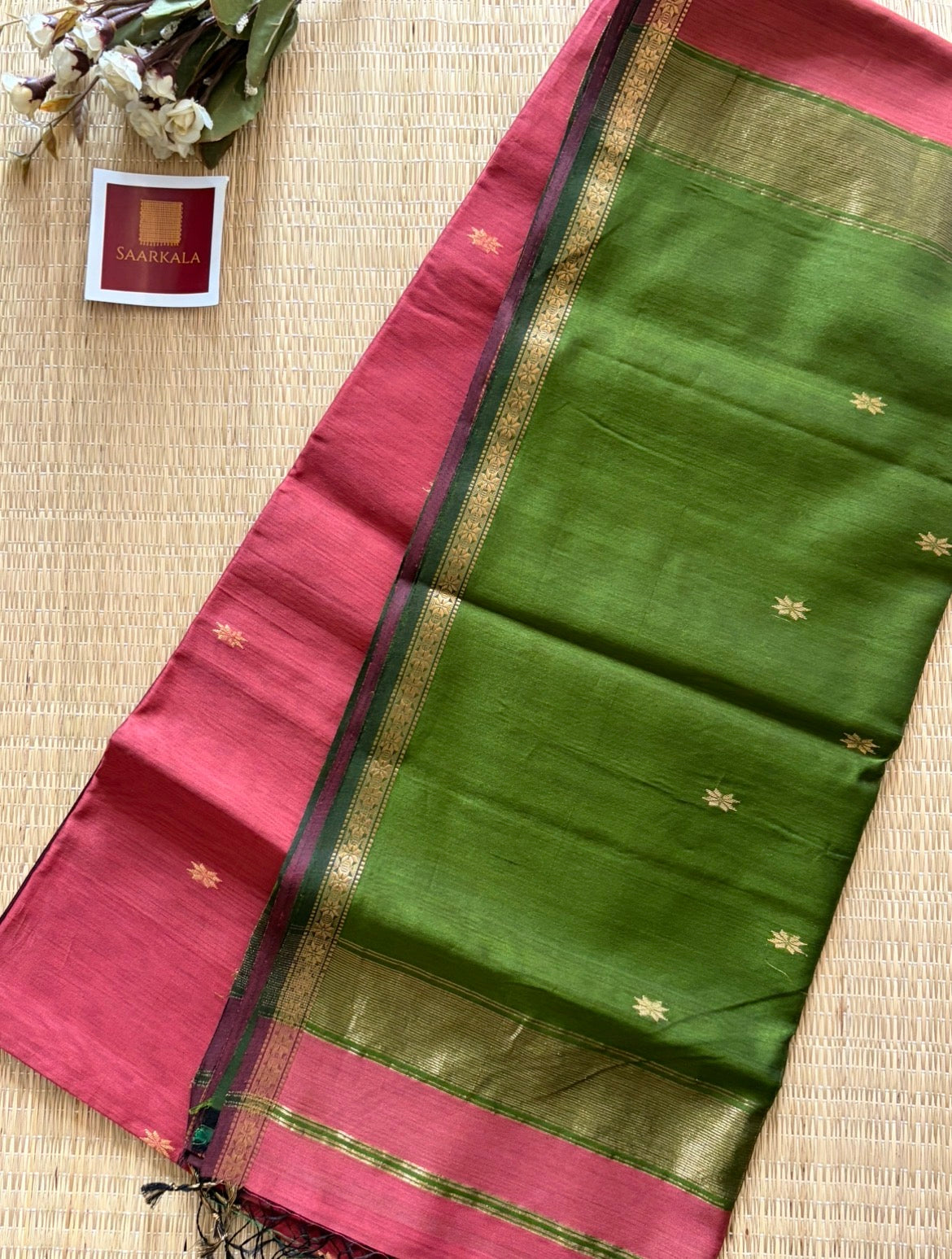 Gajri Green Maheshwari Handwoven Saree with Gold Zari Border