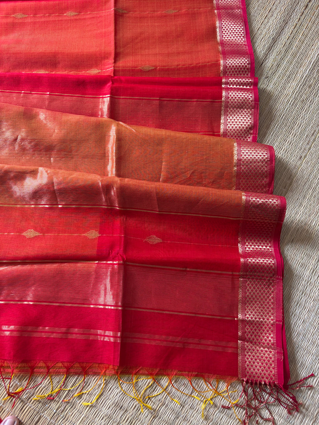 Reshami Red Shaded Maheshwari Handwoven Saree with Gold Butti
