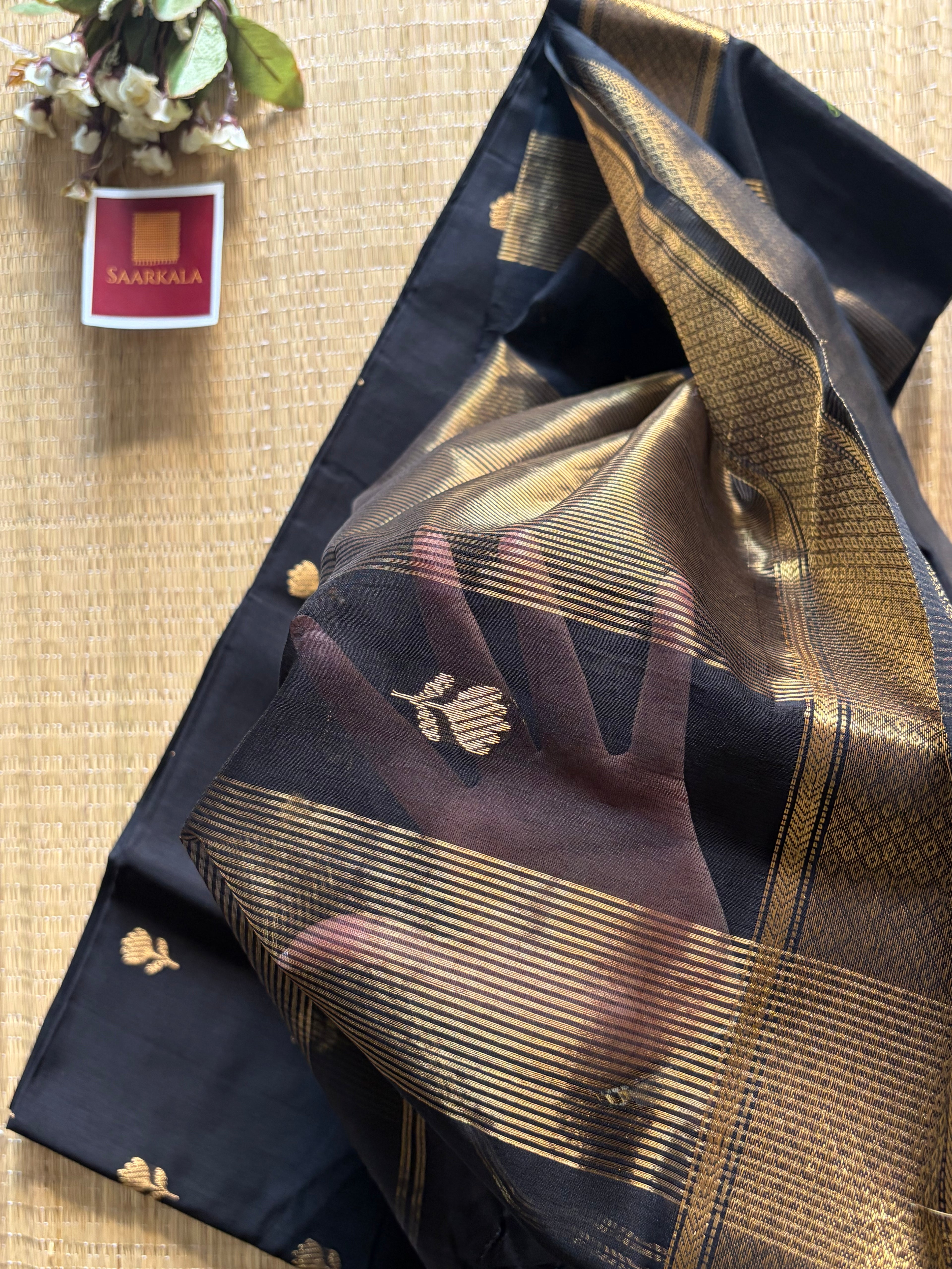 Black Maheshwari silk and cotton Lotus Butta Saree