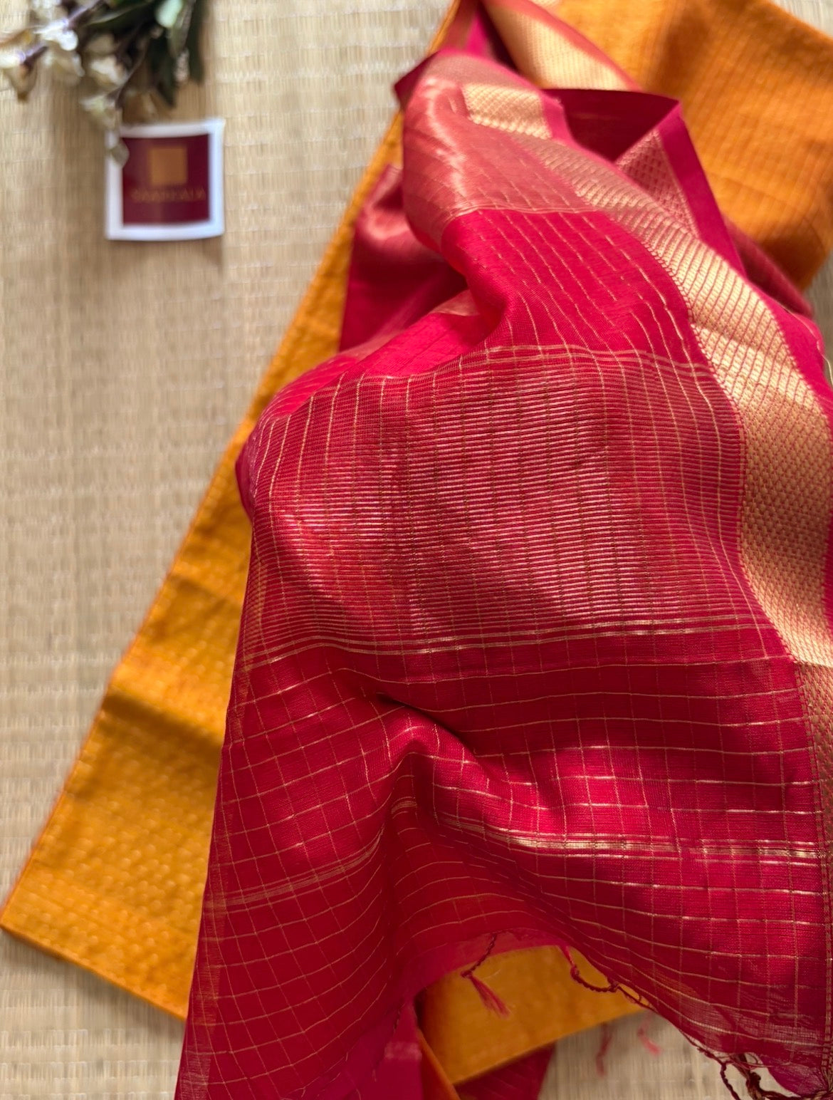 Mustard Red Checked Maheshwari Handwoven Saree with Gold Zari Border