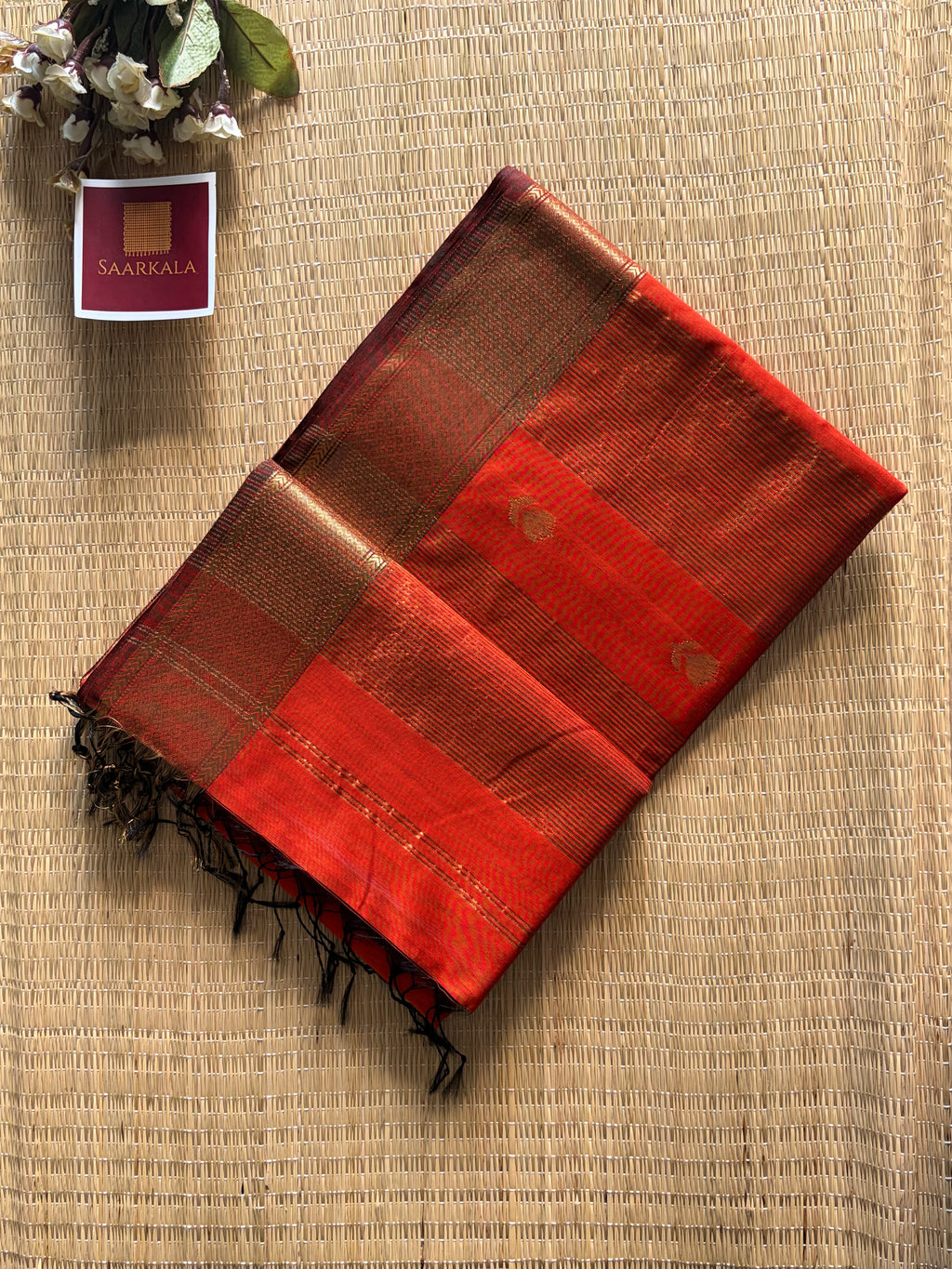 Rust Maheshwari silk and cotton Lotus Butta Saree